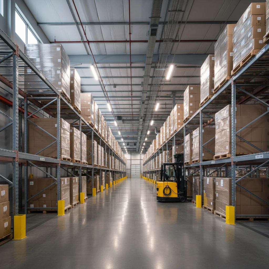 Interior of a modern mid-size American distribution warehouse with rows of pallet racks, structural steel ceiling, and a forklift