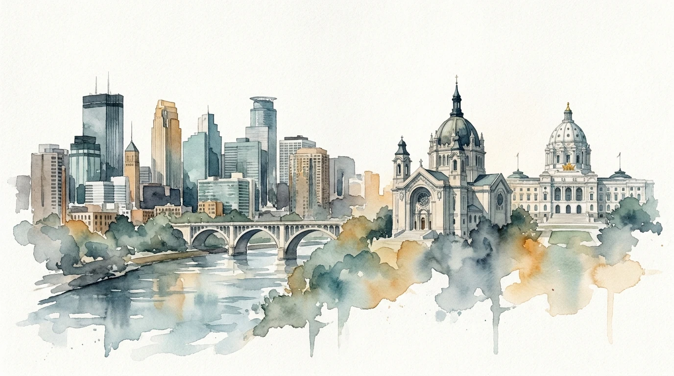 Watercolor illustration of the Twin Cities skyline: downtown Minneapolis and the Stone Arch Bridge on the left, the Cathedral of Saint Paul and the Minnesota State Capitol dome on the right