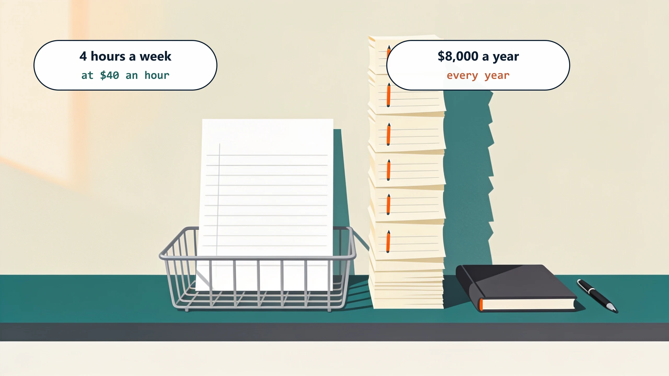An office desk with one crisp ruled sheet standing upright in a shallow wire tray, and directly beside it a thumbed stack of narrow hand-marked slips several times the height of the tray