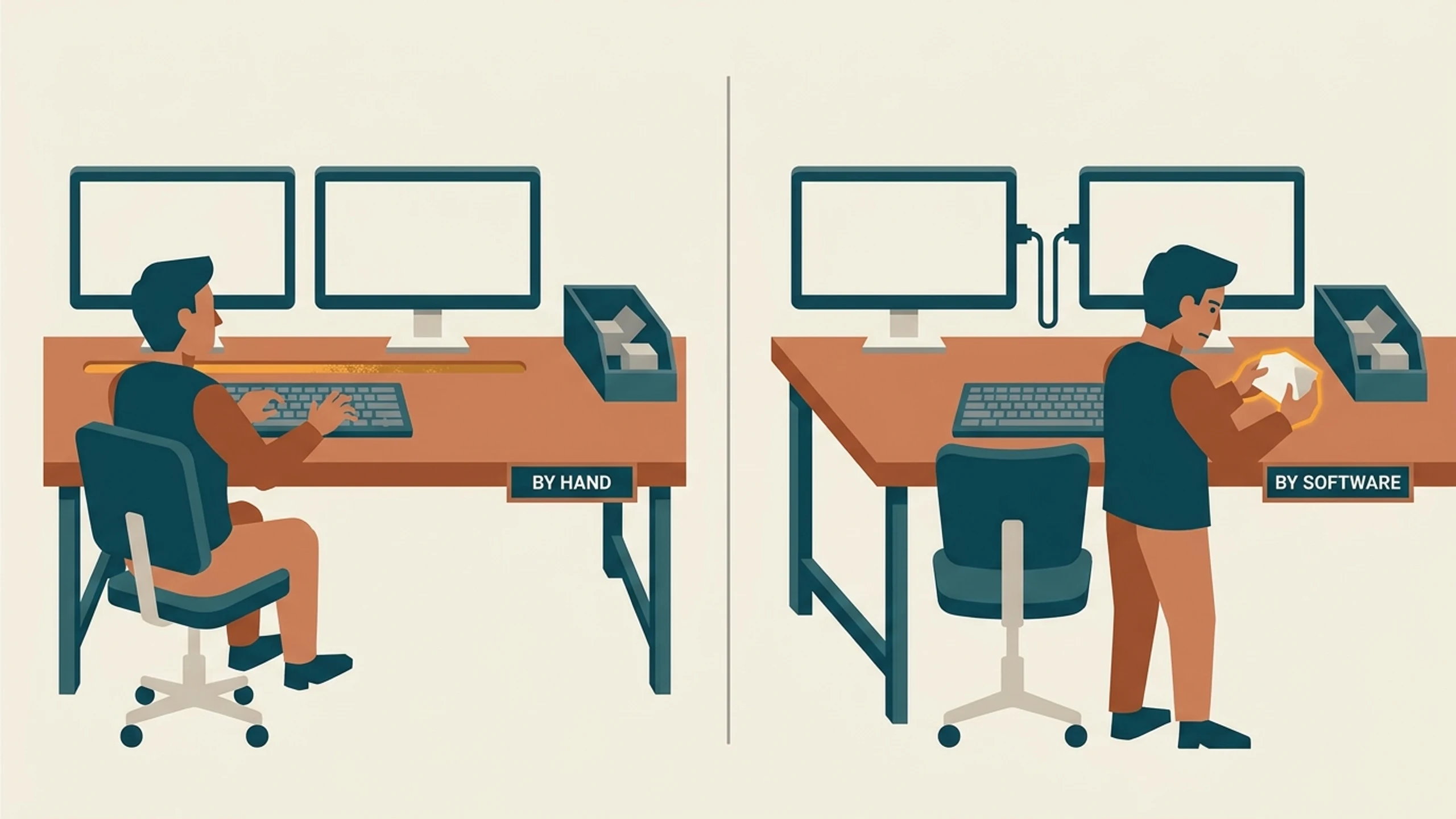 The same workstation twice: on the left a person turned to one screen and typing into the other with a worn track between them, on the right the two screens joined by a cable while the person handles a part.