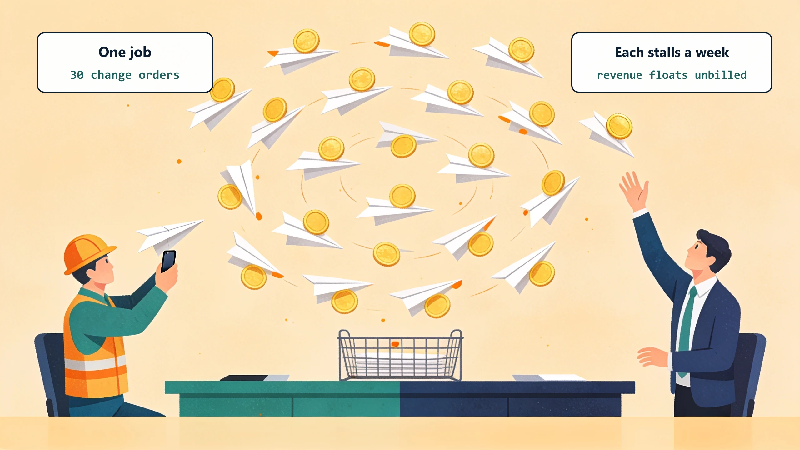 Paper airplanes carrying gold coins circle above an office inbox while a superintendent launches another from a phone: 30 change orders on one job, each stalling a week, revenue floating unbilled.