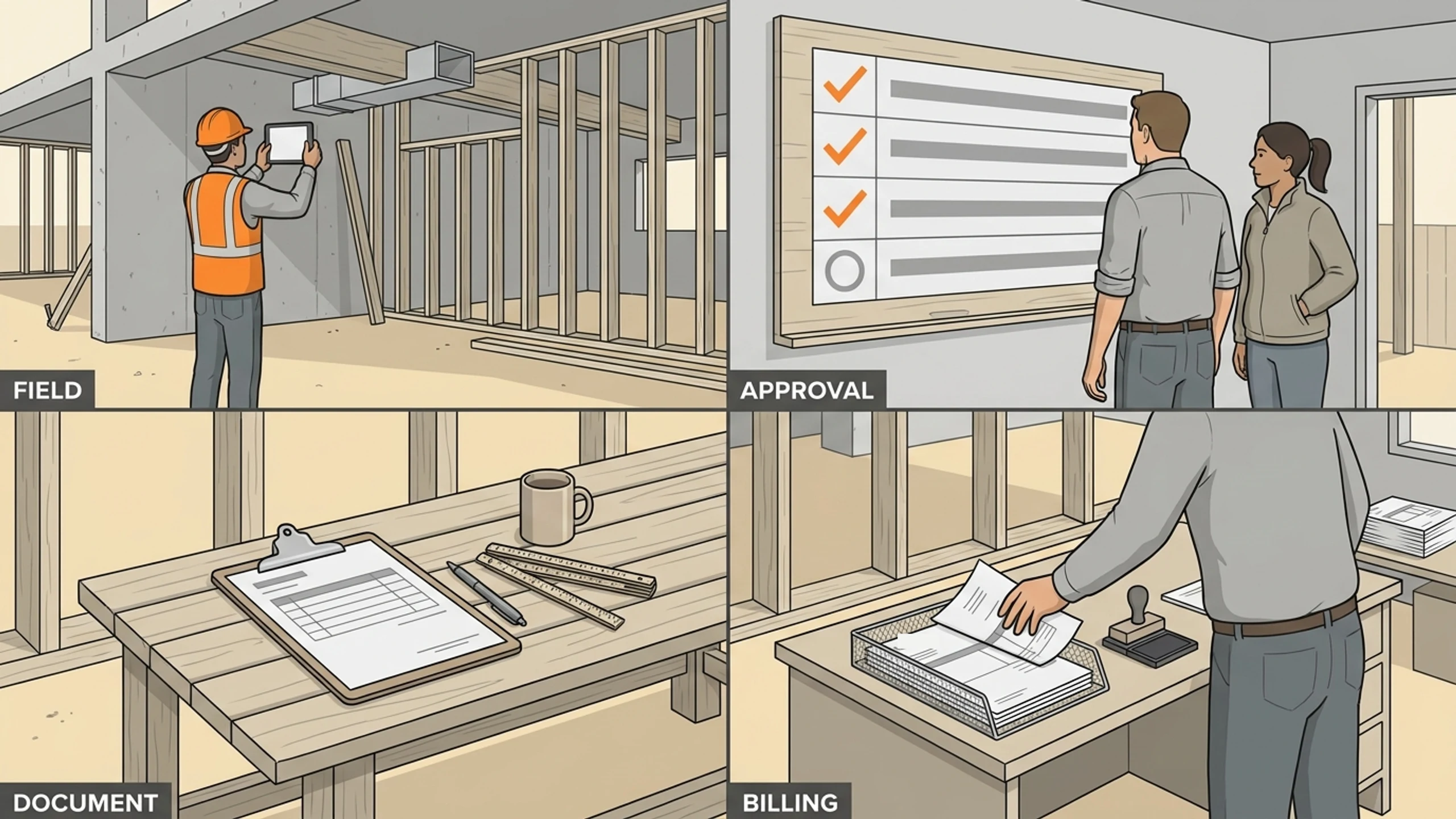 Four panels of the same contractor's job: photographing a duct and beam conflict on a tablet, an approval board with three ticks and one still pending, a change-order document ready for signature, and an invoice going into the outgoing tray.
