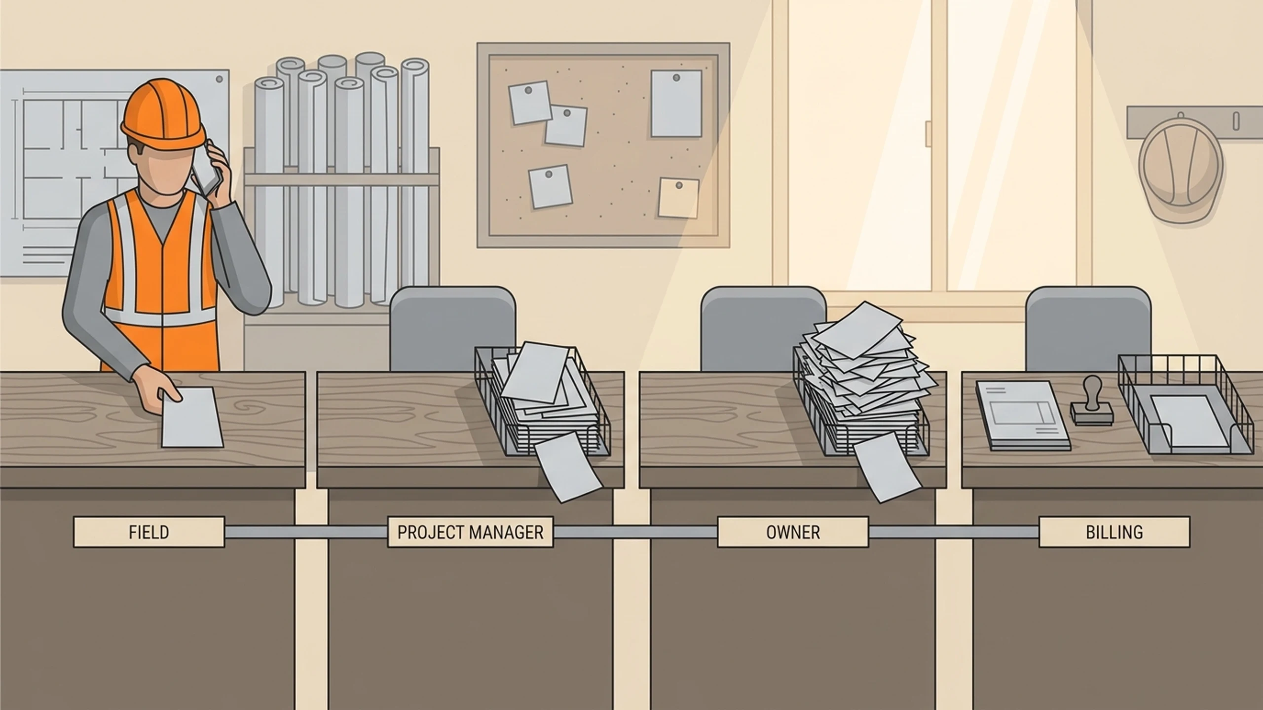 Four labelled stations along one counter, field to project manager to owner to billing, with the two middle inbox trays overflowing with change-order slips and the billing tray nearly empty.