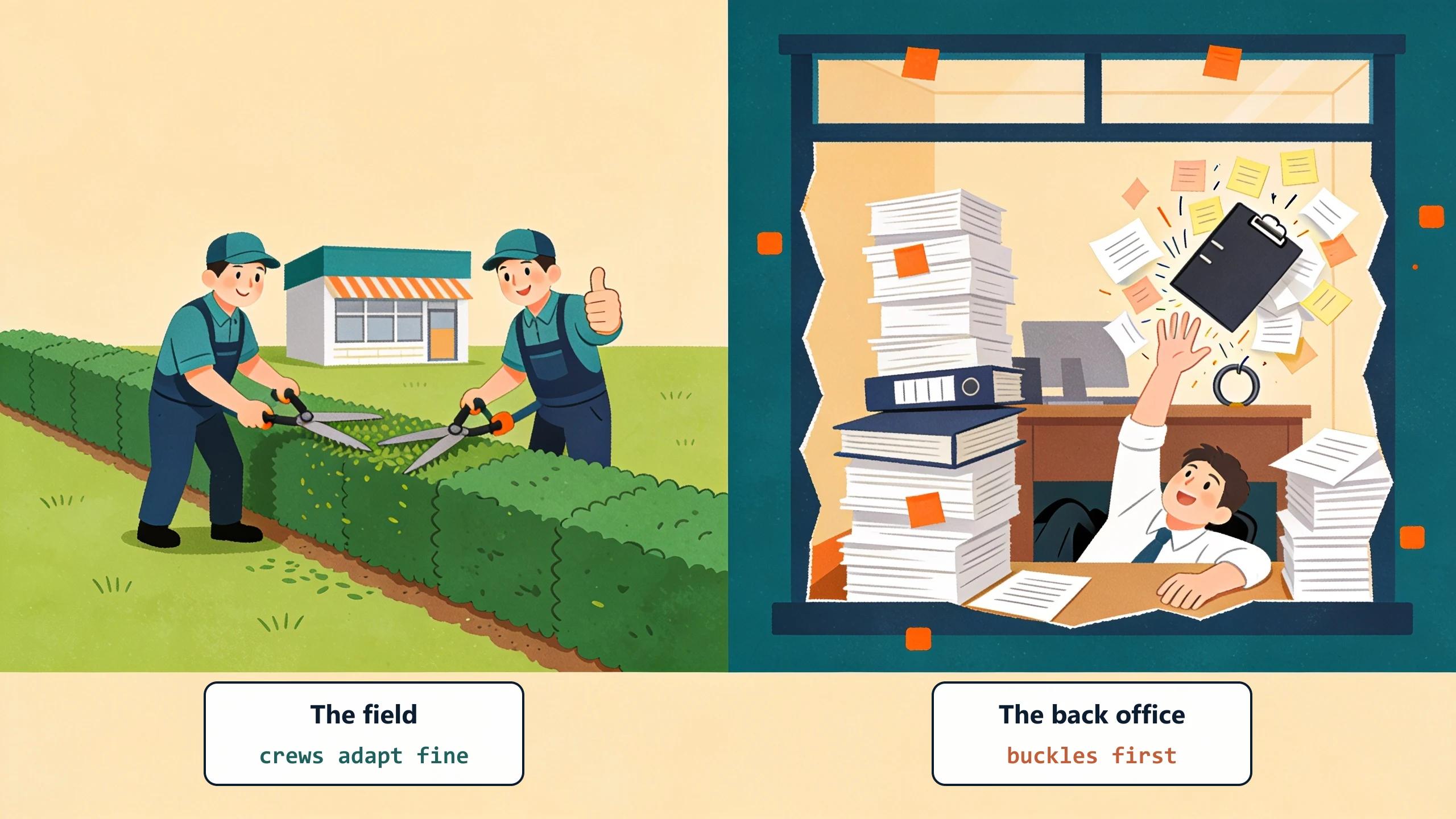 Outside, a landscaping crew finishes a neat hedge with a thumbs up; inside, a back-office worker sinks under towers of folders and a bursting binder: the field adapts fine, the back office buckles first.