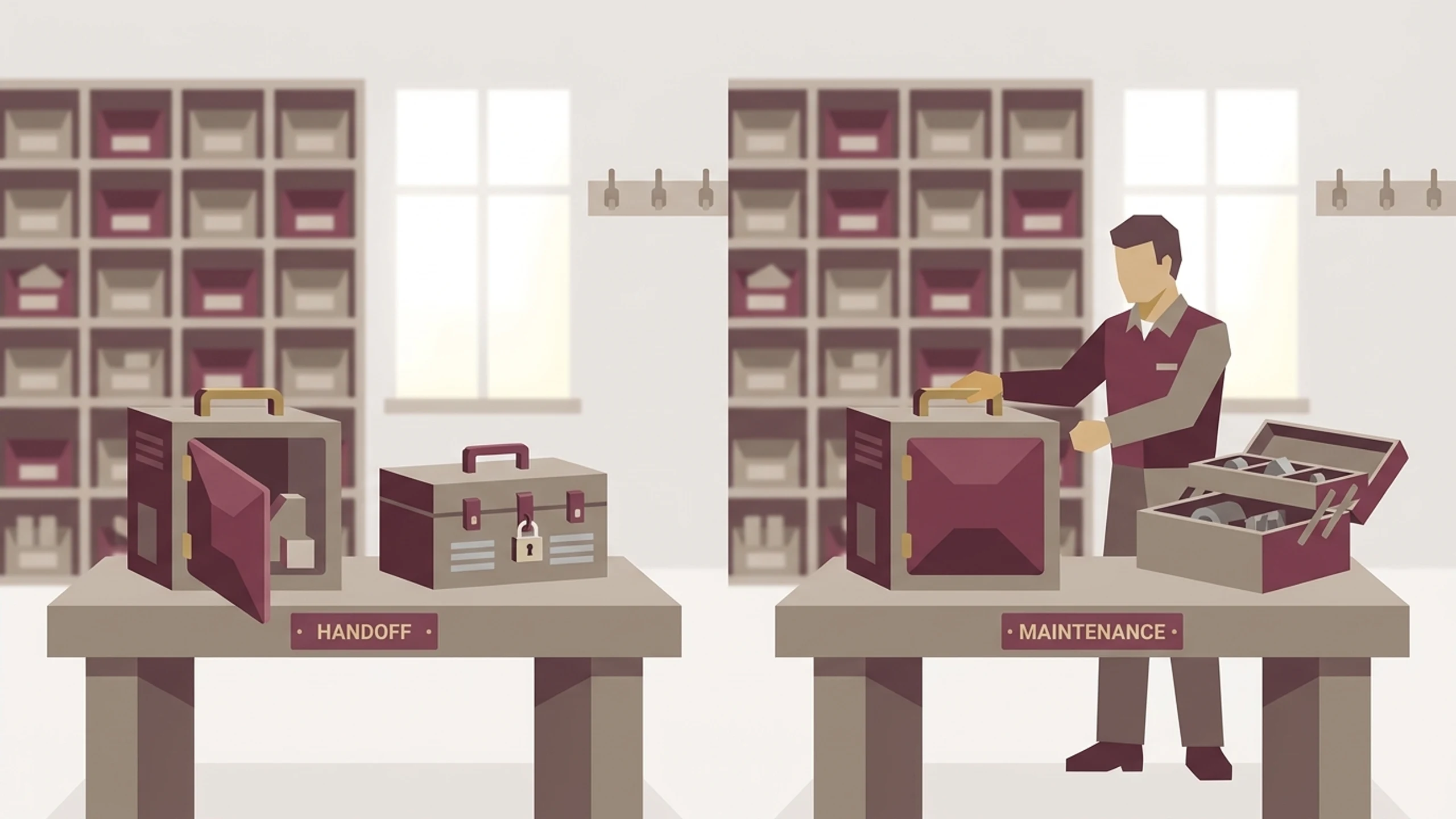 The same purpose-built unit on the same bench twice: on the left its panel hangs open beside a padlocked toolbox with nobody there, on the right the panel is seated, the toolbox is open and a technician has a hand on it.