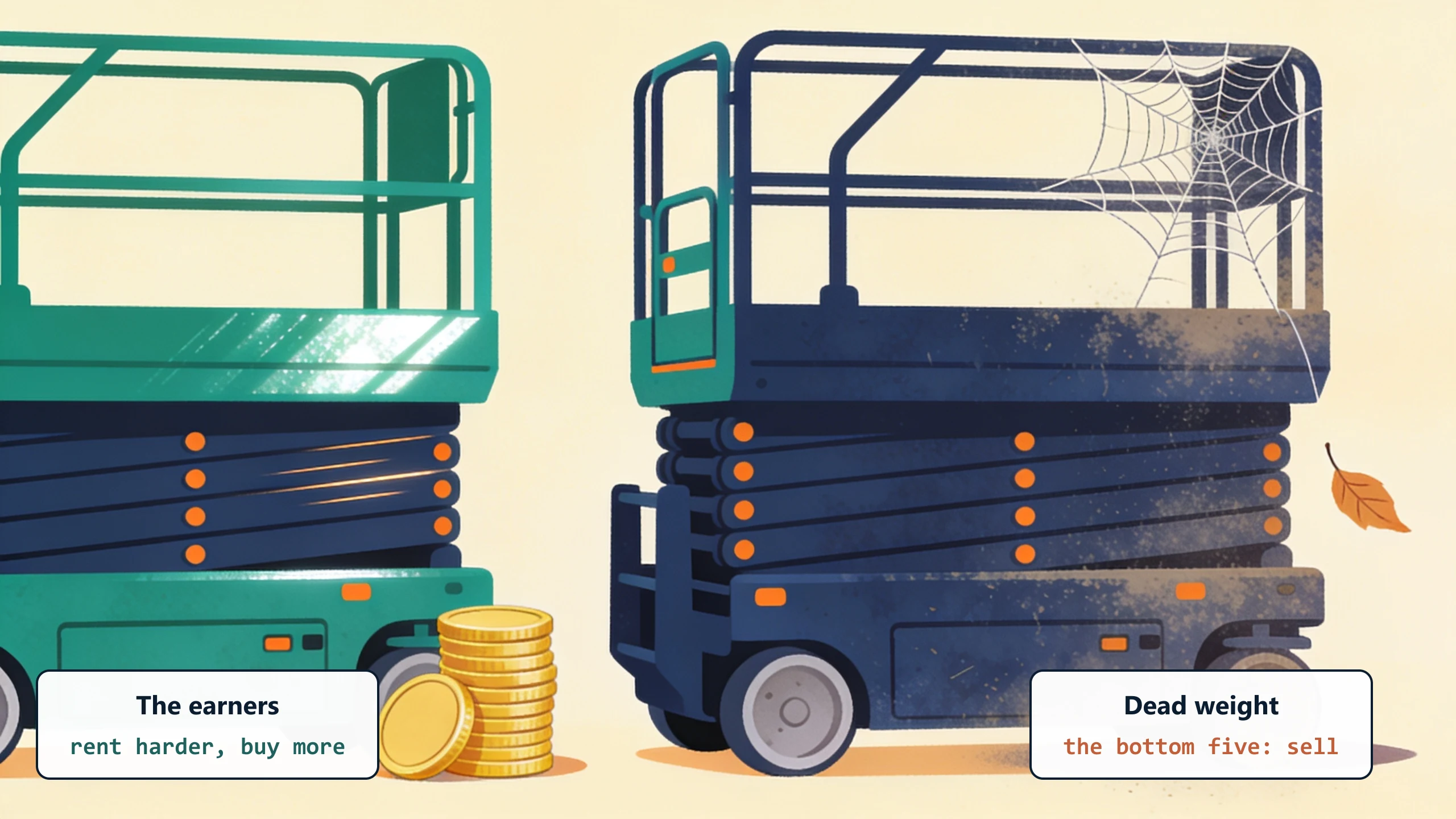 Two identical scissor lifts: one busy and gleaming with coins stacking beside it, one dusty under a cobweb: rent the earners harder and buy more of them, and sell the bottom five dead-weight units.