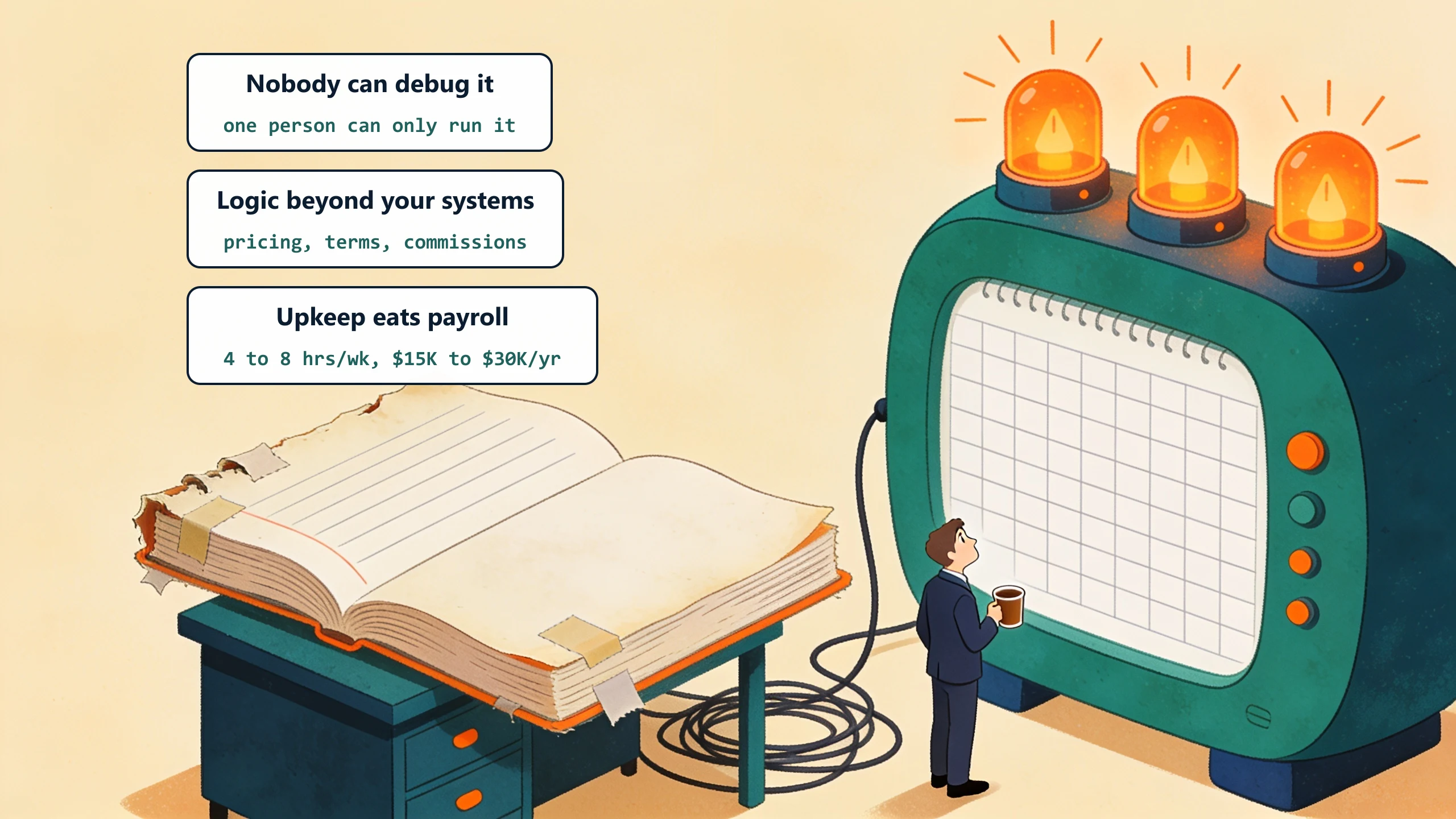 Three warning lamps glowing over a giant taped-up workbook: nobody can debug the VBA, the workbook holds logic beyond your systems, and upkeep runs 4 to 8 hours a week, $15,000 to $30,000 a year.