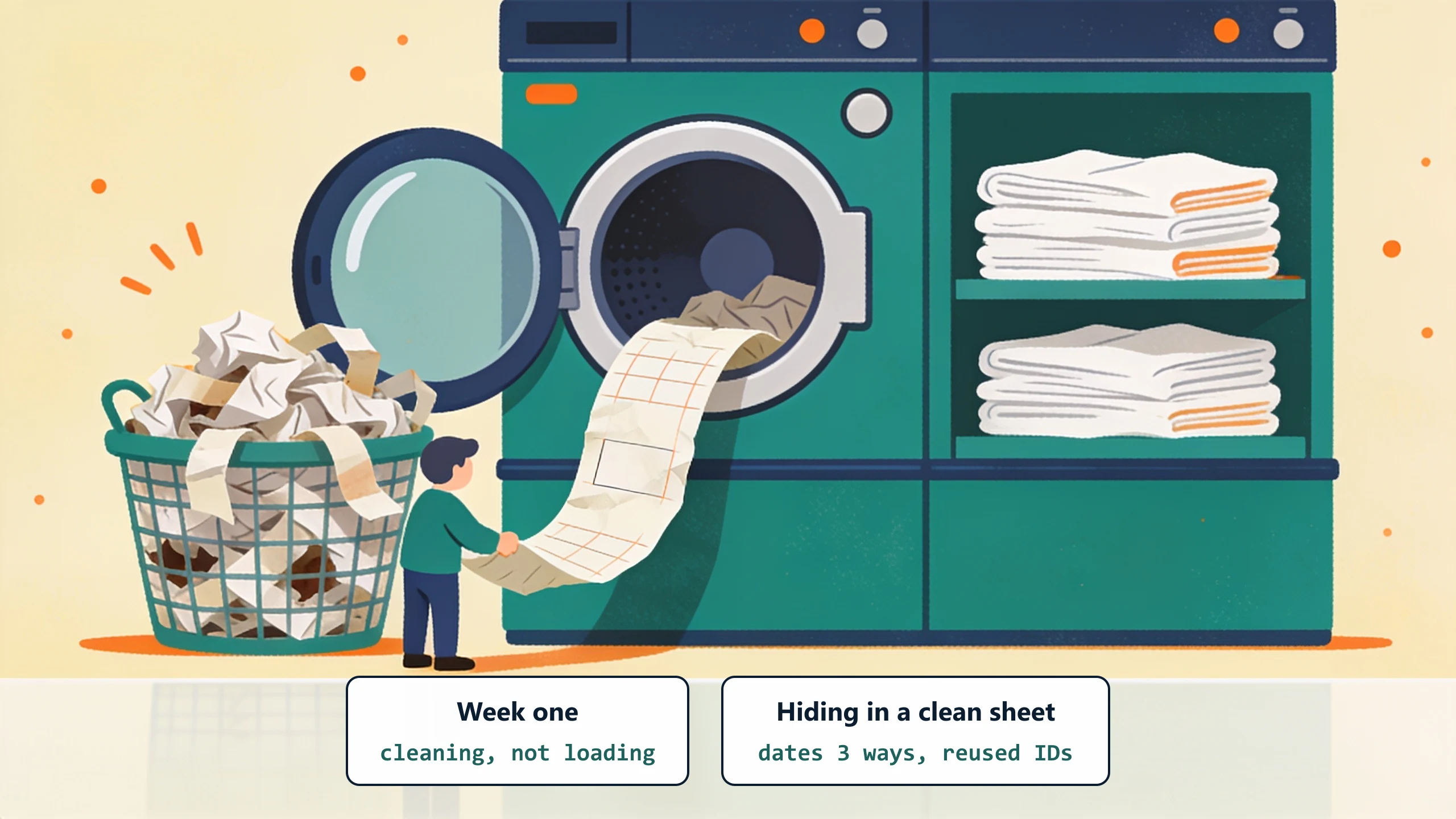A person feeds a crumpled ribbon of spreadsheet rows into a washing machine, dirty tangled strips in the intake basket and clean folded strips stacking on the output shelf: week one is cleaning, not loading.