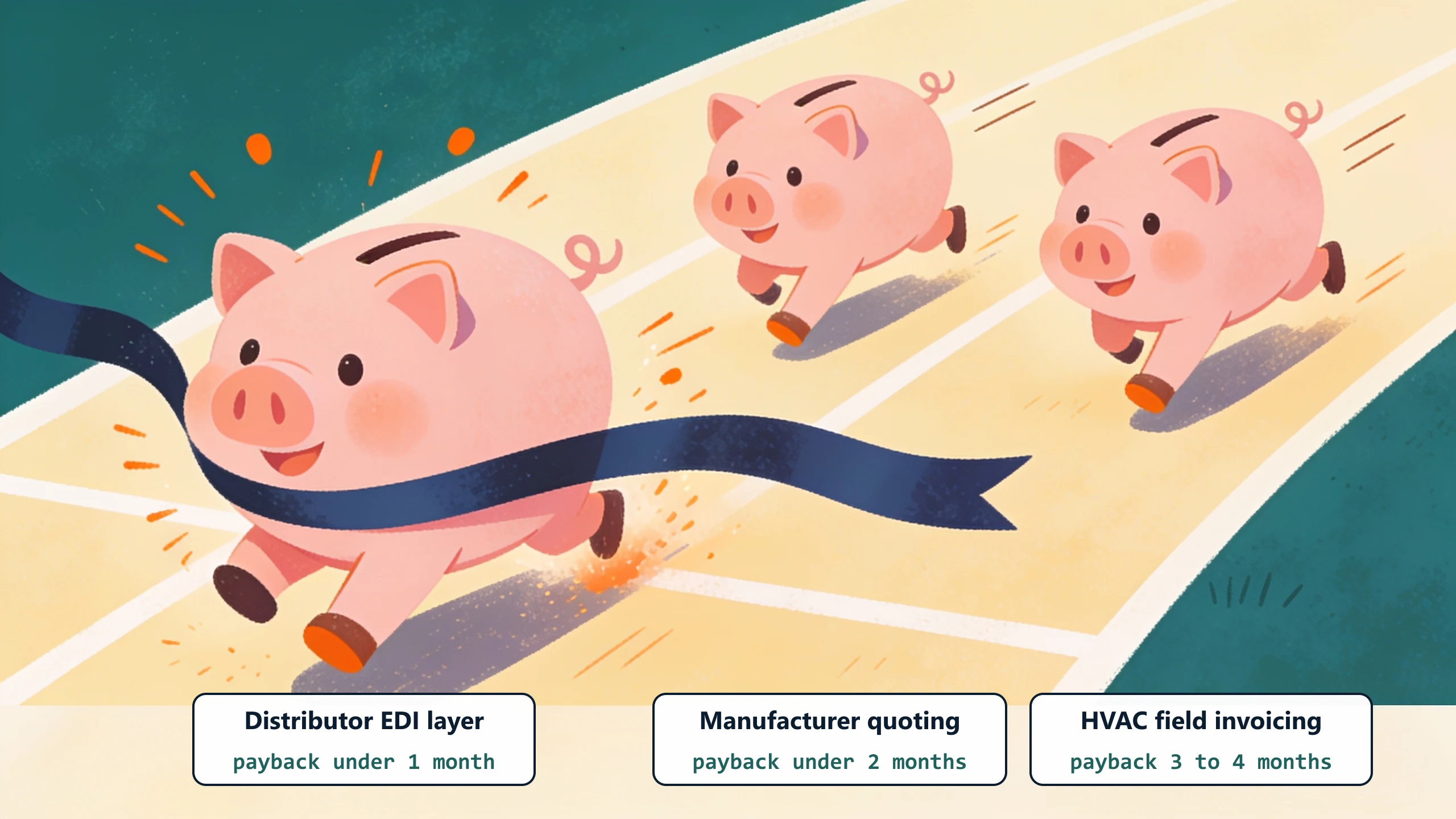 Three piggy banks race to a finish ribbon: the distributor EDI layer pays back in under 1 month, manufacturer quoting in under 2 months, and HVAC field invoicing in 3 to 4 months.