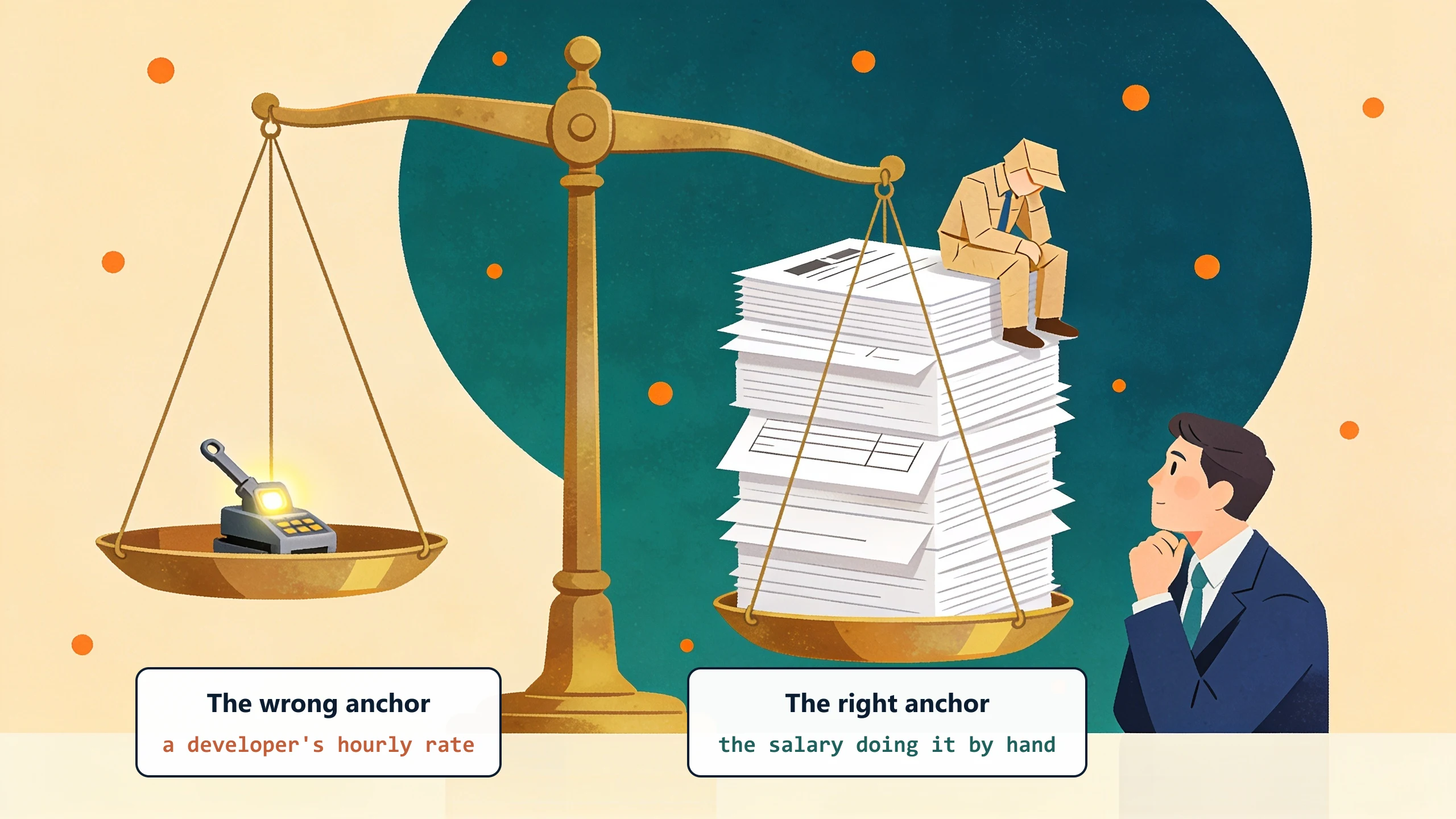 A balance scale with a small glowing tool riding high on one pan and a heavy stack of payroll envelopes weighing down the other: the wrong anchor is a developer's hourly rate, the right anchor is the salary doing the work by hand.
