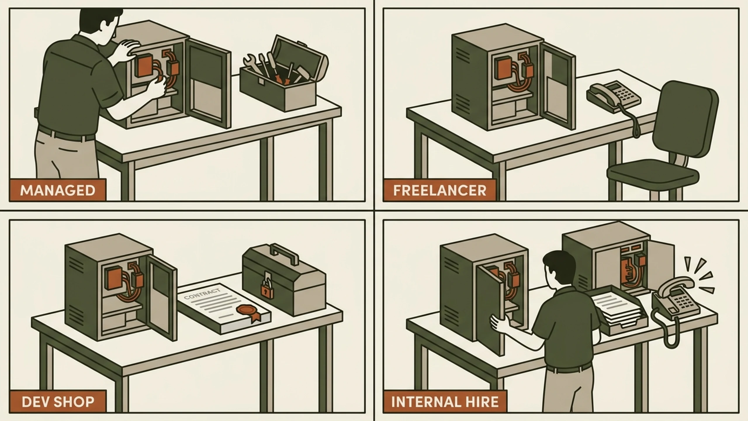 Four panels of the same bench and the same opened unit: a technician working on it with an open toolbox, an empty chair with a phone off the hook, a sealed contract beside a padlocked toolbox, and one person handling it alongside three other jobs.