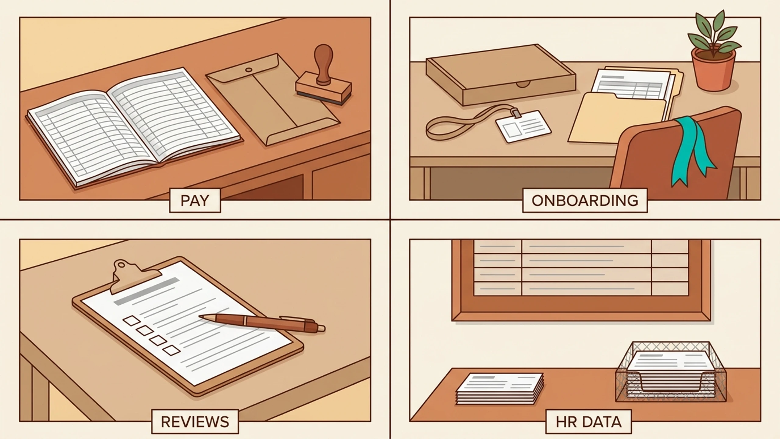 Four panels of one office: an open payroll register with a pay envelope and stamp, a new-hire desk with a boxed laptop, blank badge and forms folder, a review form on a clipboard with four tick boxes, and a wall board of ruled rows above a tray of approval slips.