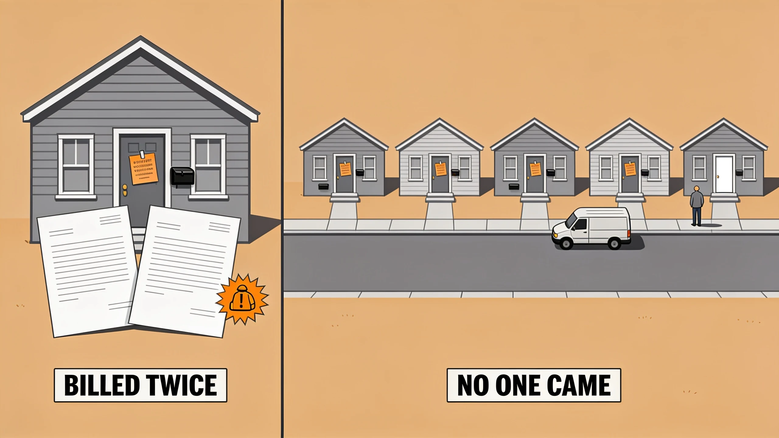 Split scene labelled billed twice and no one came: two identical blank invoices at one front door, and a street of five houses where four have service cards on the door and a van at the curb while the fifth homeowner waits alone at a bare door.