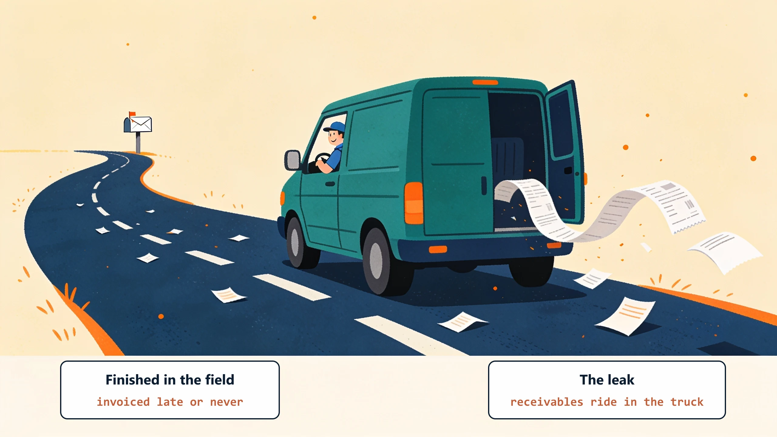 A service van drives away with receipts fluttering out the back doors while a lonely mail tray sits at the road's start: work finished in the field gets invoiced late or never, and the receivables ride in the truck.