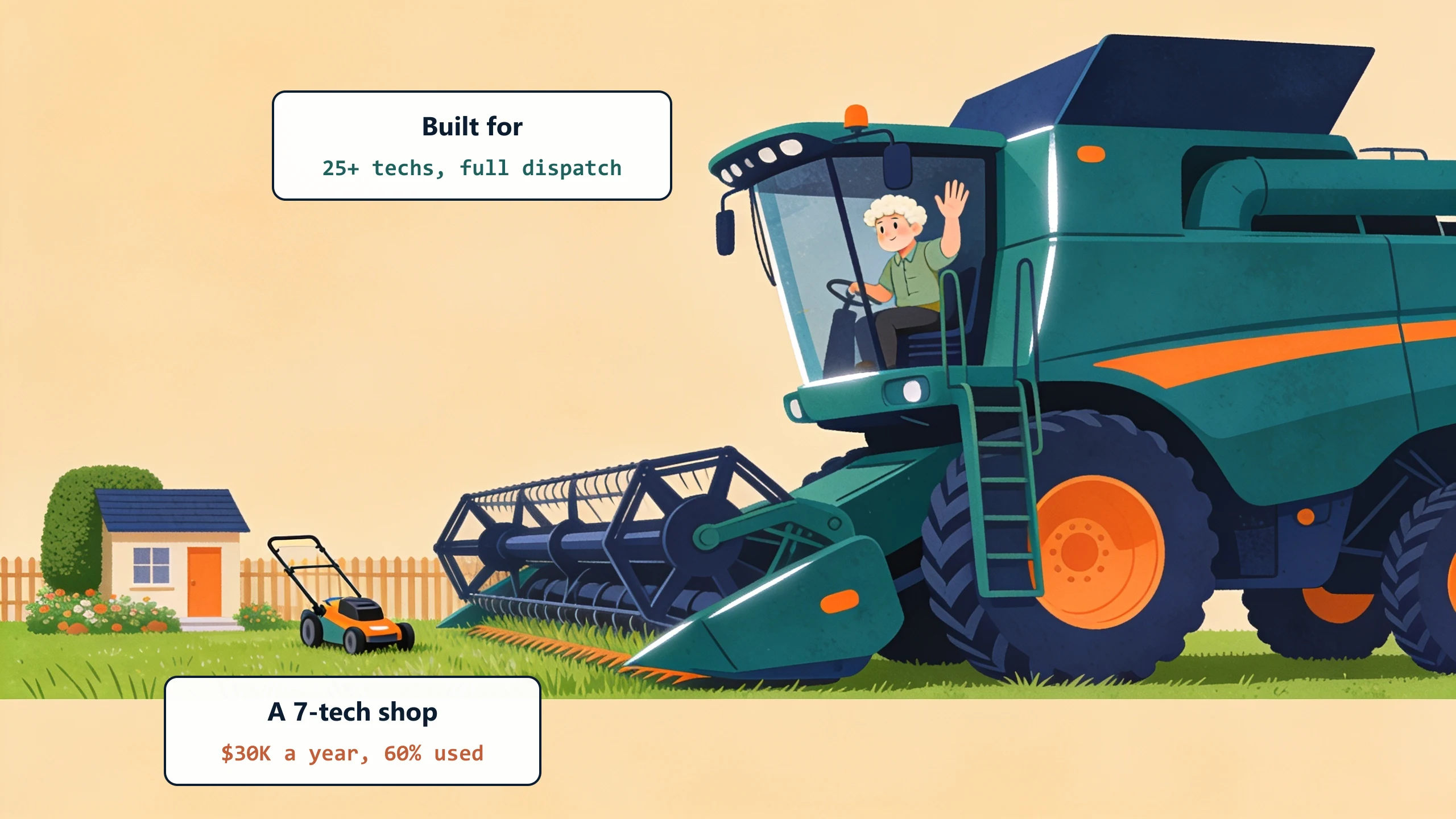 An enormous combine harvester mows a tiny front lawn while a push mower stands unused by the fence: the platform is built for 25-plus techs with full dispatch, and a 7-tech shop pays $30K a year while using 60 percent of it.