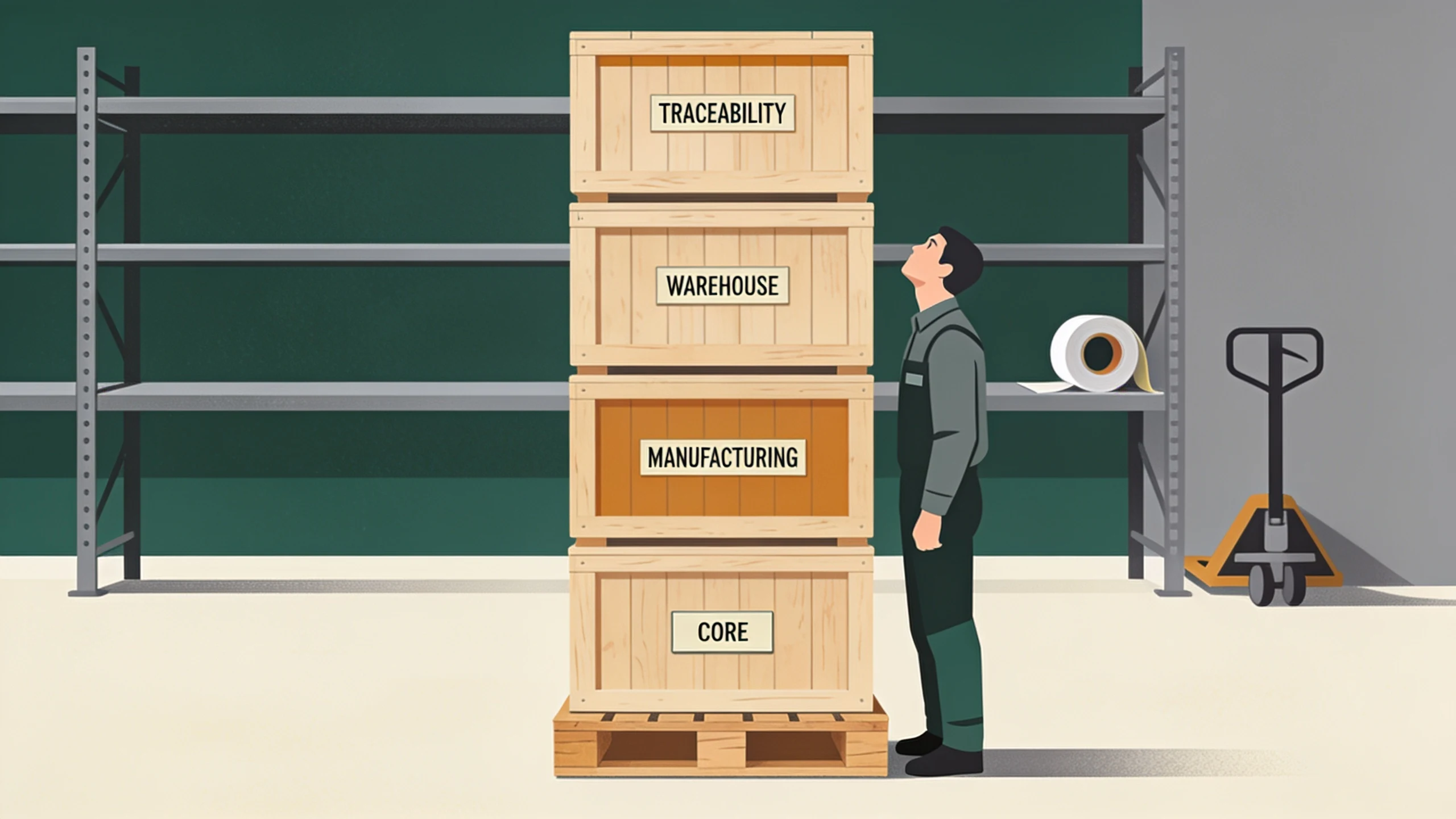 Four wooden crates stacked on a pallet in a stockroom, stencilled CORE at the bottom then MANUFACTURING, WAREHOUSE and TRACEABILITY above it, with a worker standing alongside looking up at the topmost crate, the stack rising well above their head