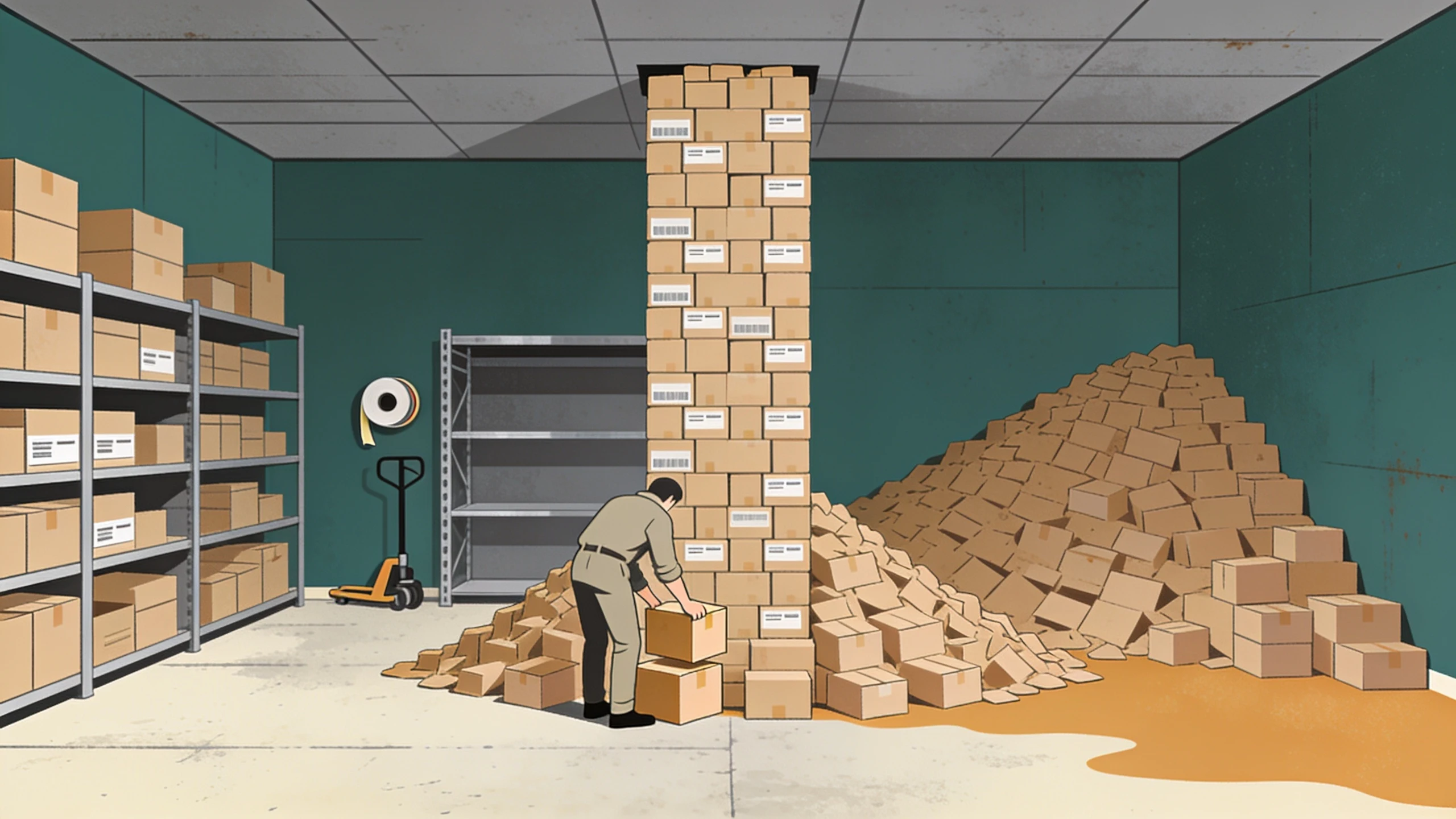 A stockroom column of shipping cartons stacked from the floor until the topmost carton presses flat against the ceiling and can rise no further, with a large heap of further cartons spilling across the floor beside it and a worker bending to set one more onto the pile
