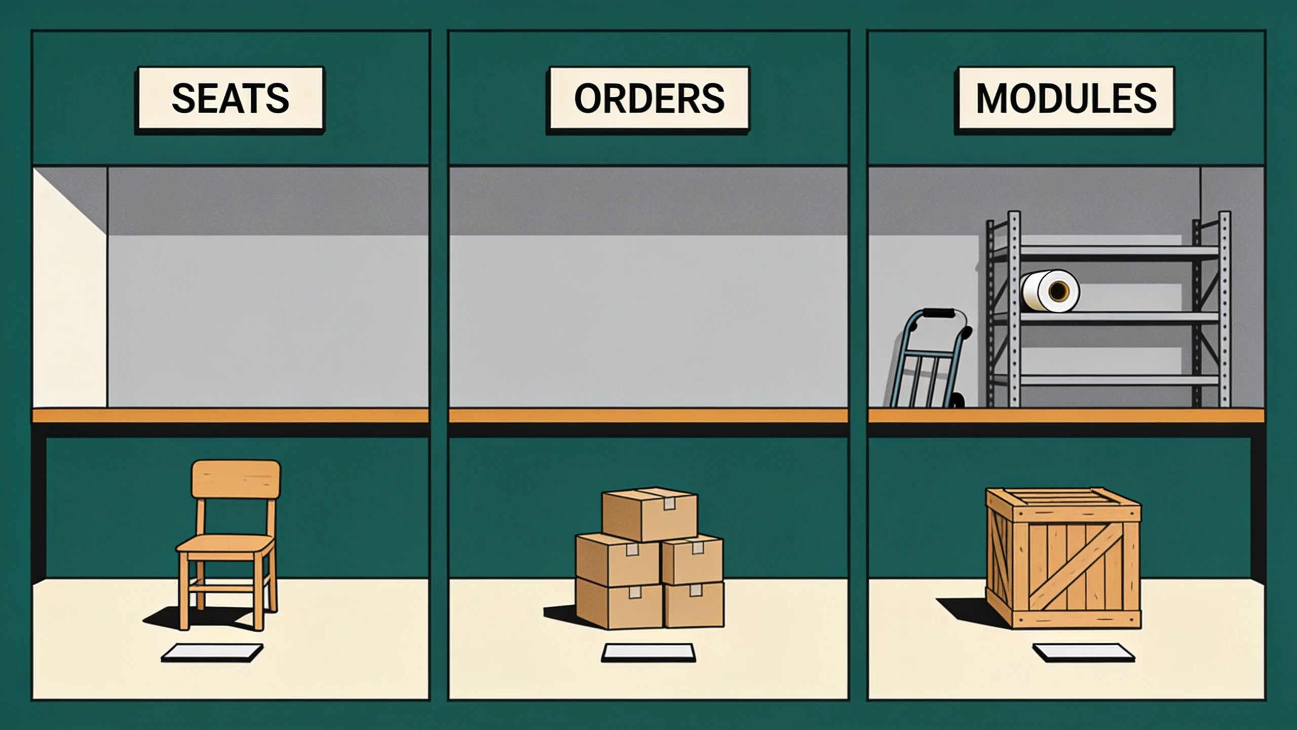 Three equal panels side by side in a stockroom, each holding a single object beneath its own plate, a wooden chair under SEATS, a squared stack of shipping cartons under ORDERS, and a wooden crate under MODULES