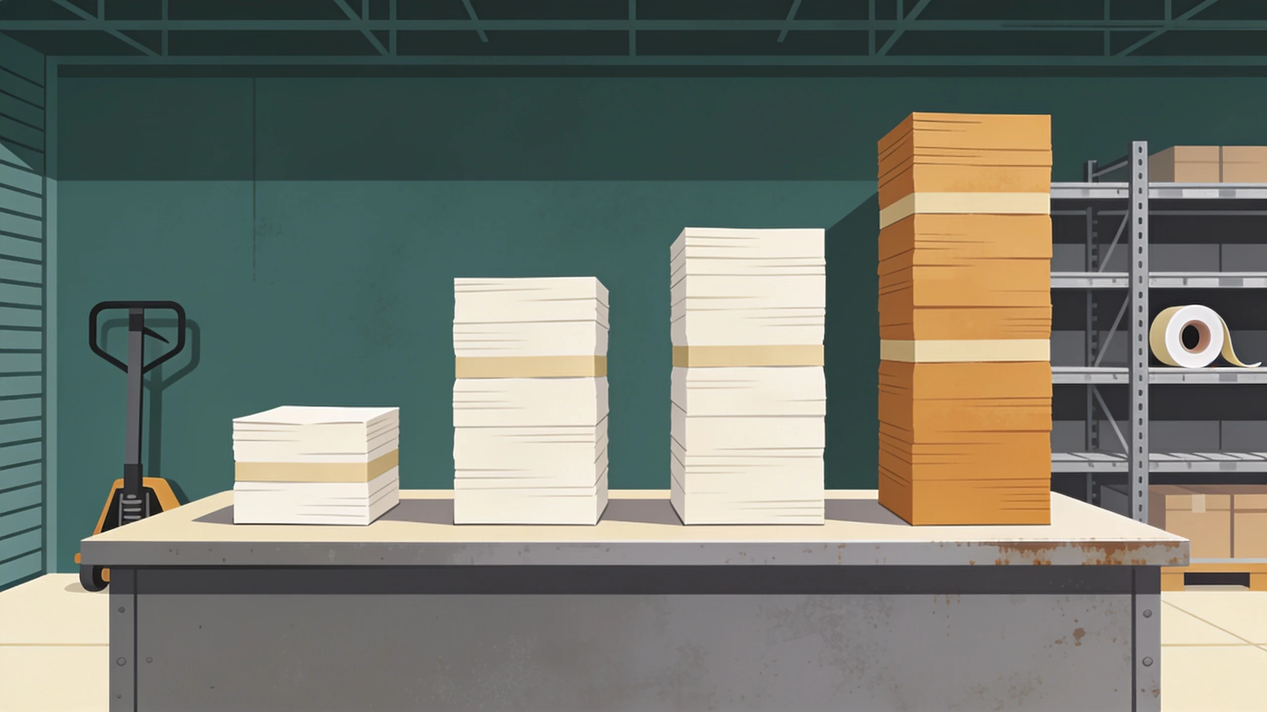 Four stacks of banded paper standing in an evenly spaced row on a stockroom counter at sharply different heights, the shortest barely a hand deep and the tallest close to four times it and picked out in warm amber