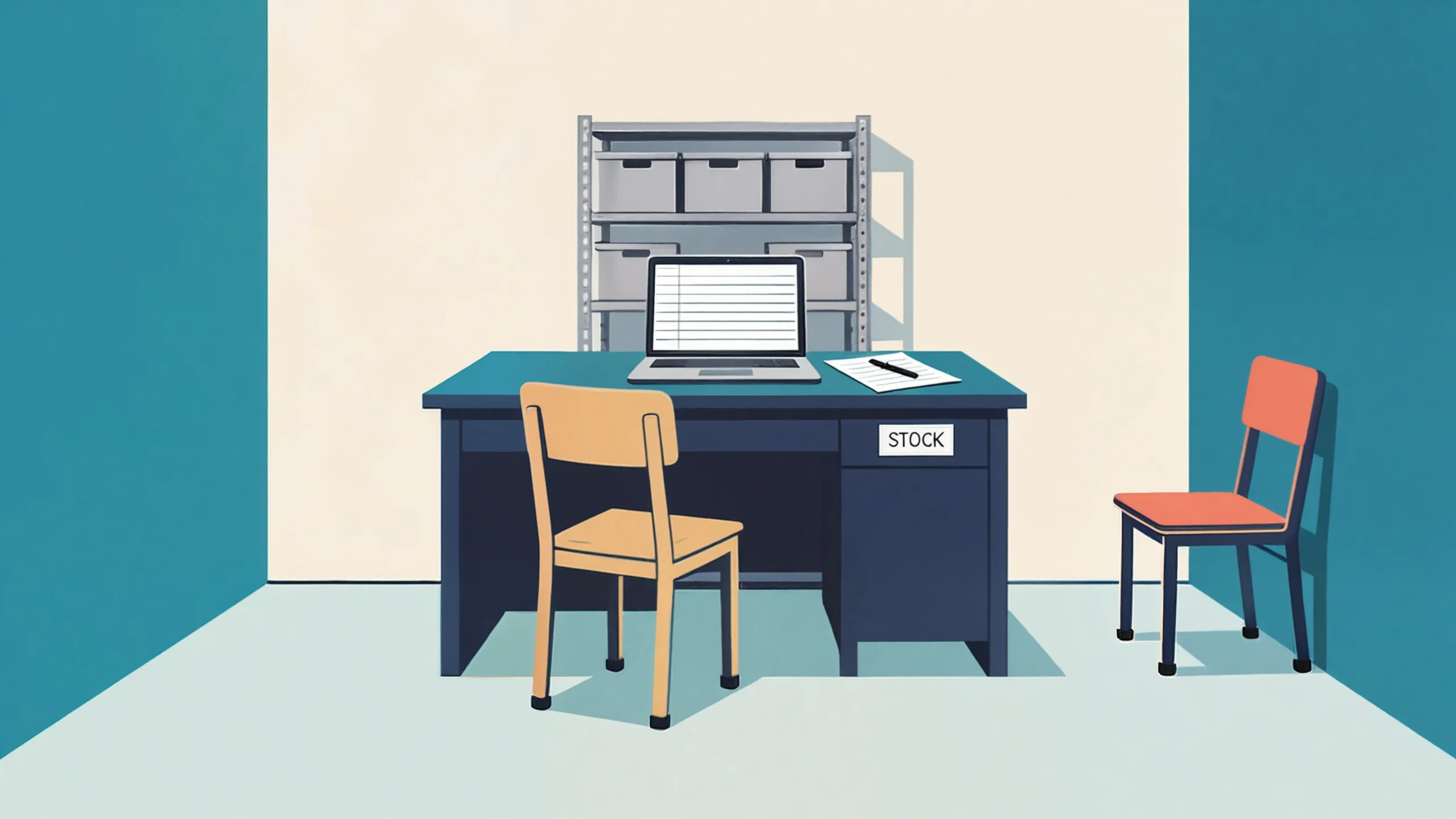 A single stockroom desk with one laptop open to a spreadsheet, a printed count sheet beside it, and one chair, with a second empty chair pushed against the far wall