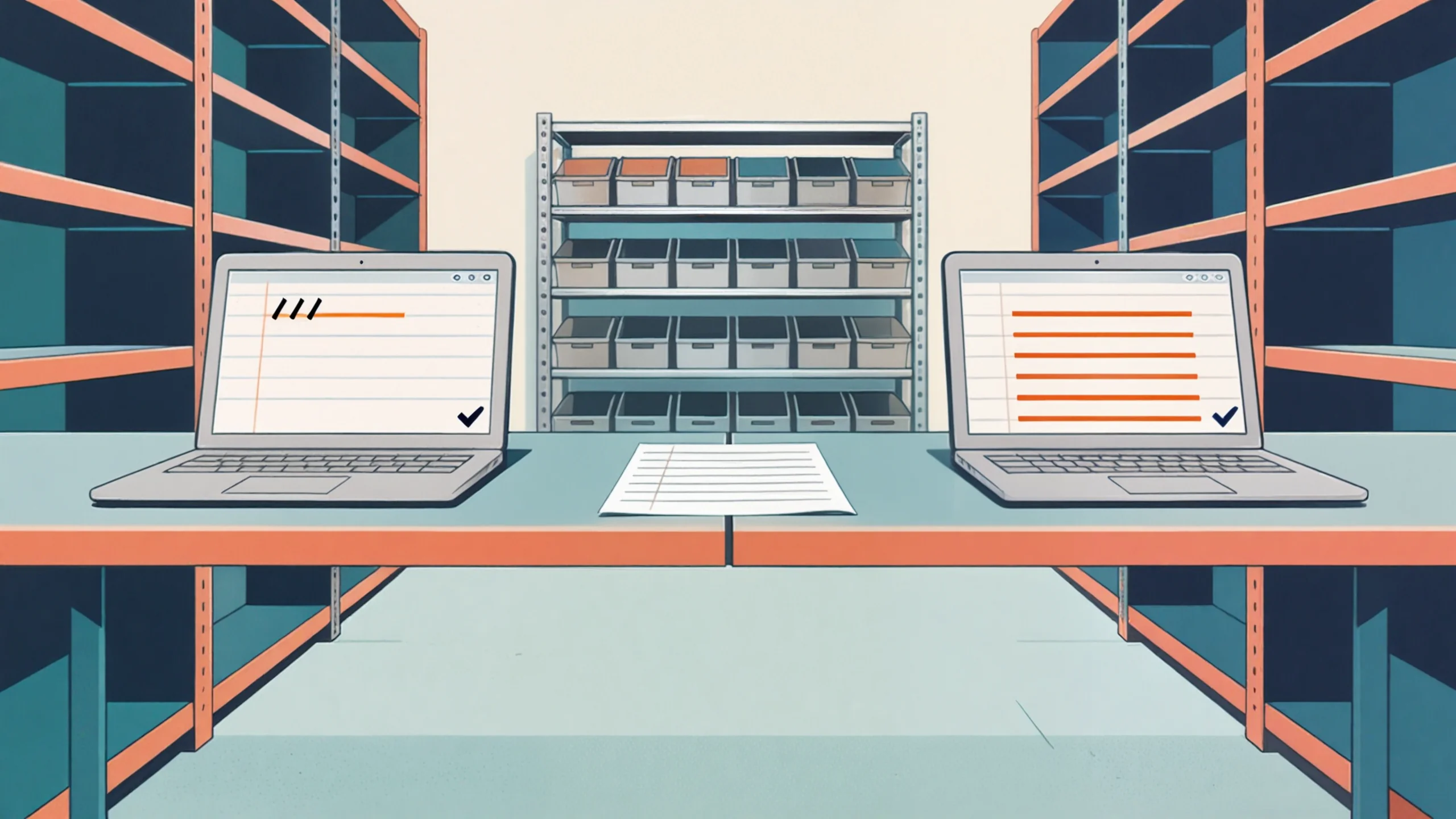 Two laptops facing each other across one stockroom bench, each showing the same ruled sheet with a check mark, one holding a single struck row and the other a full column of rows
