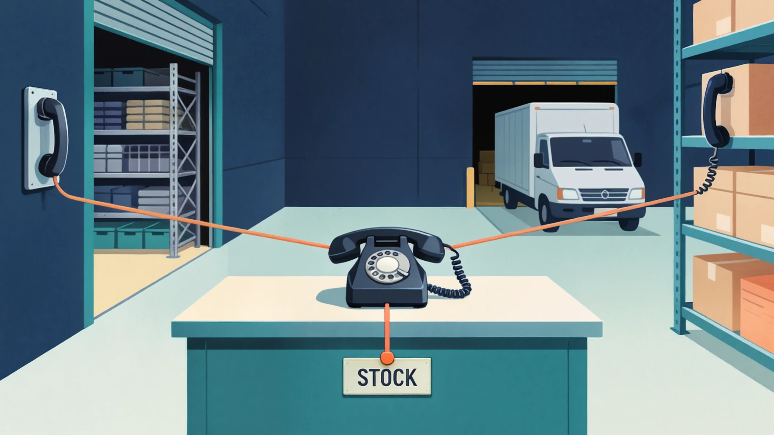 A single desk phone on a stock counter with two cords running out to two receivers, one beside a warehouse doorway and one beside a delivery van at the dock