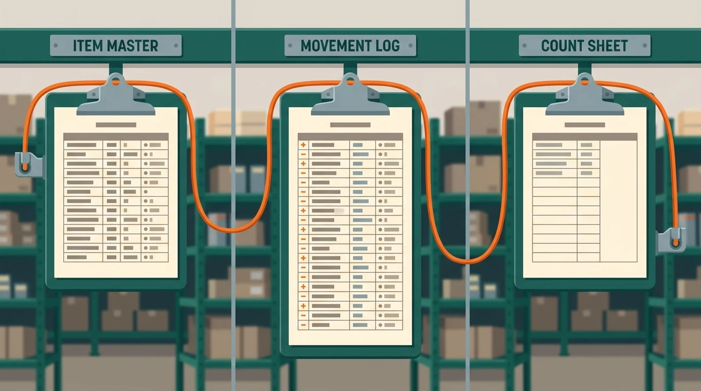 Three clipboards hanging in a row on a stockroom rail, joined end to end by an orange cord and labelled ITEM MASTER, MOVEMENT LOG and COUNT SHEET, the middle sheet carrying a plus or minus mark at the start of every row