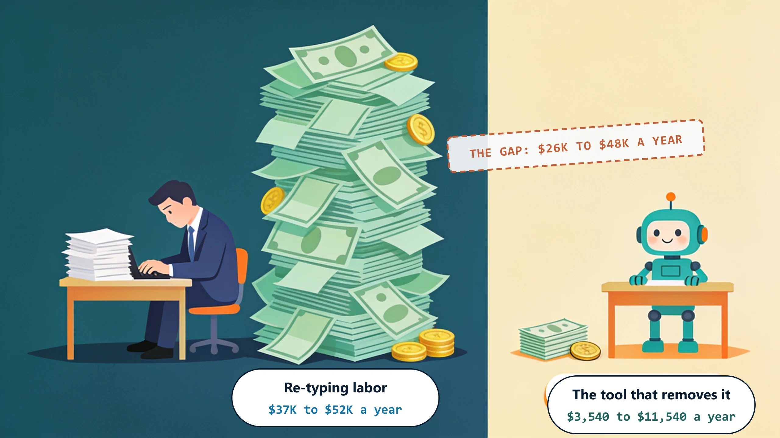 A tired worker types beside a money tower twice their height, labeled re-typing labor, $37,000 to $52,000 a year. A cheerful robot sits beside a small flat stack of bills, labeled the tool that removes it, $3,540 to $11,540 a year. A stamp reads: the gap, $26,000 to $48,000 a year.