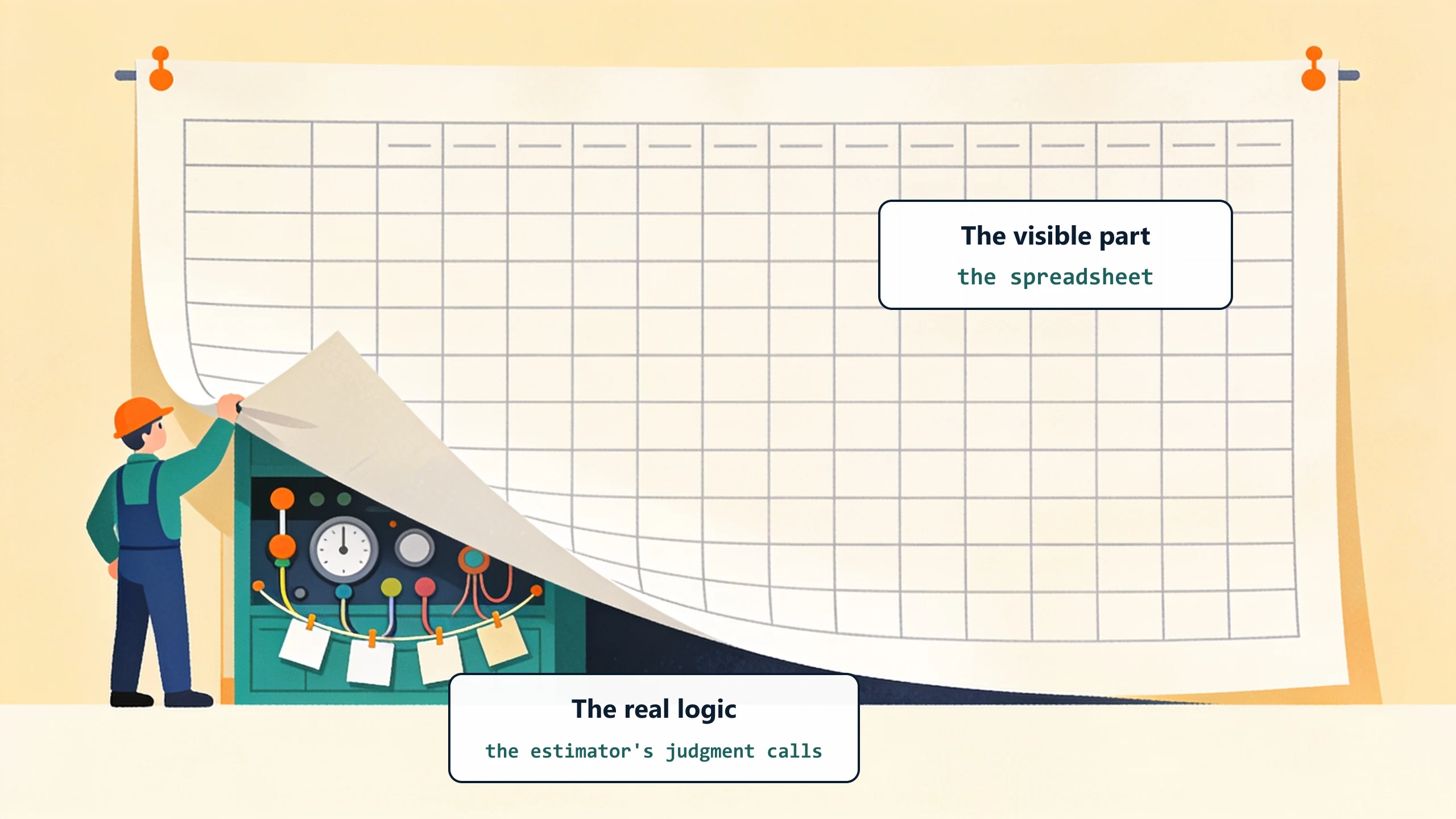 An estimator pulls back a giant paper spreadsheet like a stage curtain, revealing a hidden control room of levers and dials behind it: the spreadsheet is the visible part, the estimator's judgment calls are the real logic.