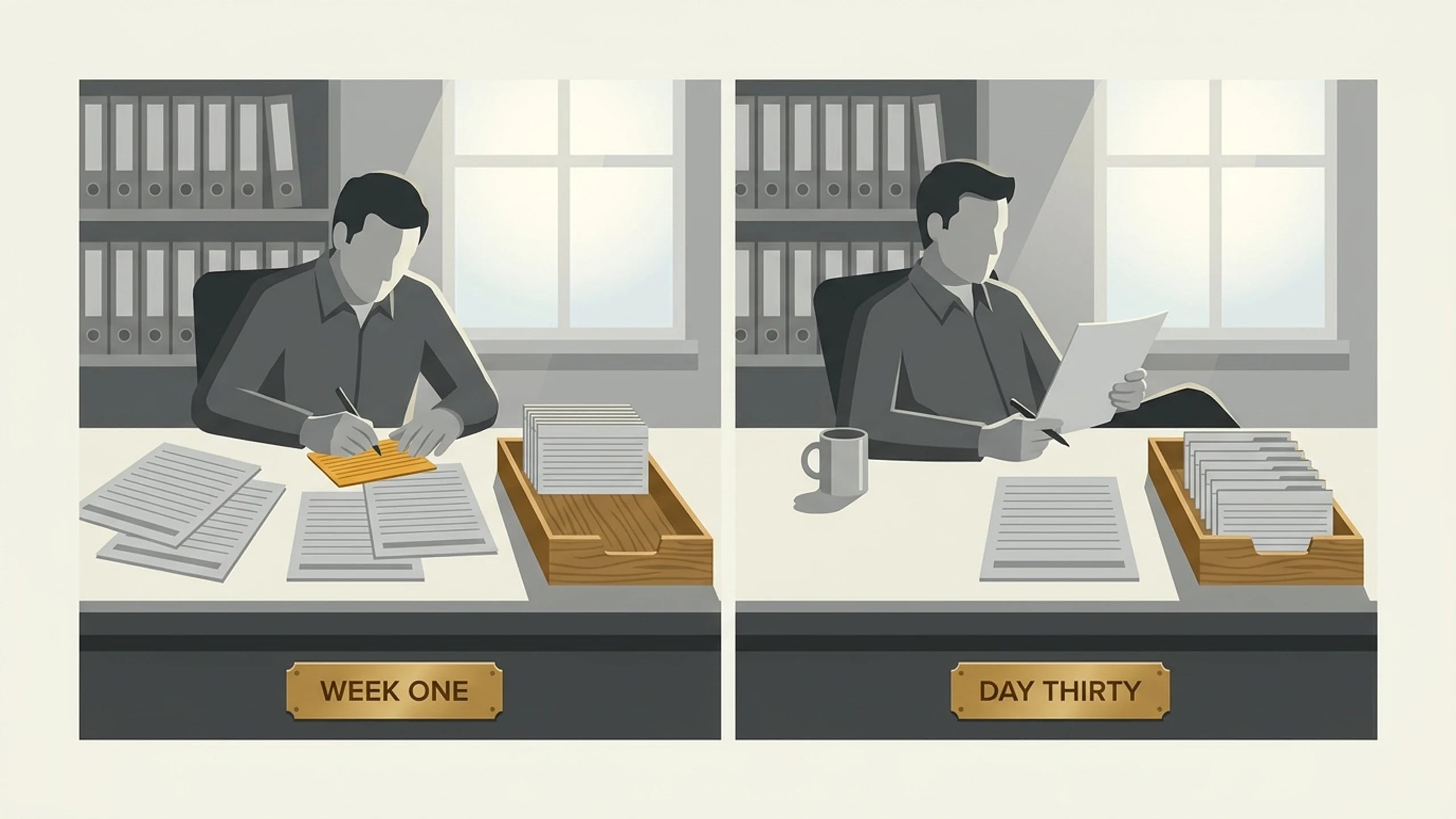 The same estimator's desk twice: on the left buried in loose RFQ sheets while they write on an amber rule card, on the right clear except one finished quote sheet, the rule cards filed upright and the estimator reading rather than typing.