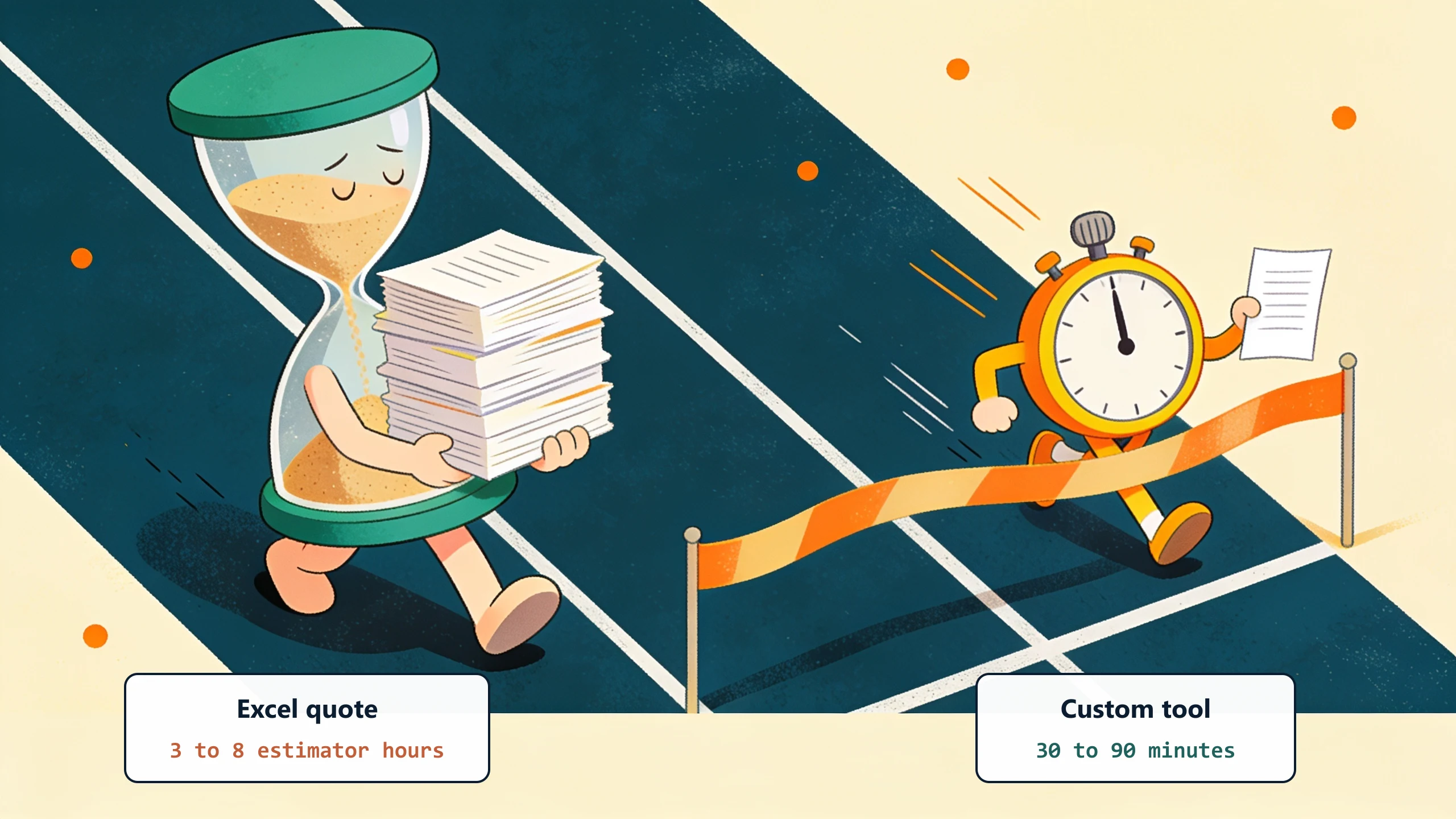 A race between a tired giant hourglass hauling a stack of papers and a zippy stopwatch bursting through the finish ribbon: the Excel quote takes 3 to 8 estimator hours, the custom tool 30 to 90 minutes.