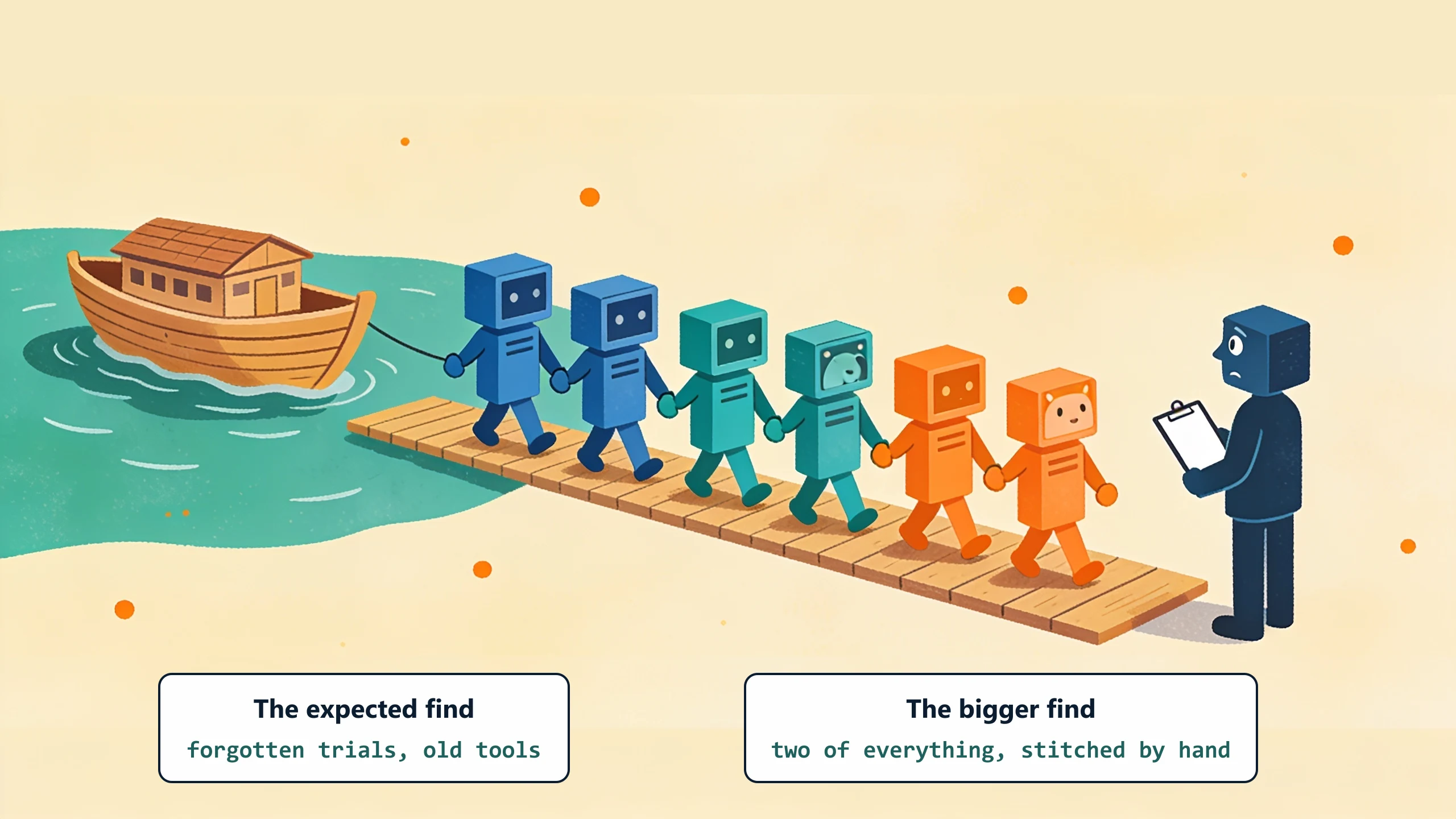 Pairs of identical software boxes board an ark two by two while a worried person checks them in: the expected find is forgotten trials and old tools, the bigger find is two of everything stitched together by hand.