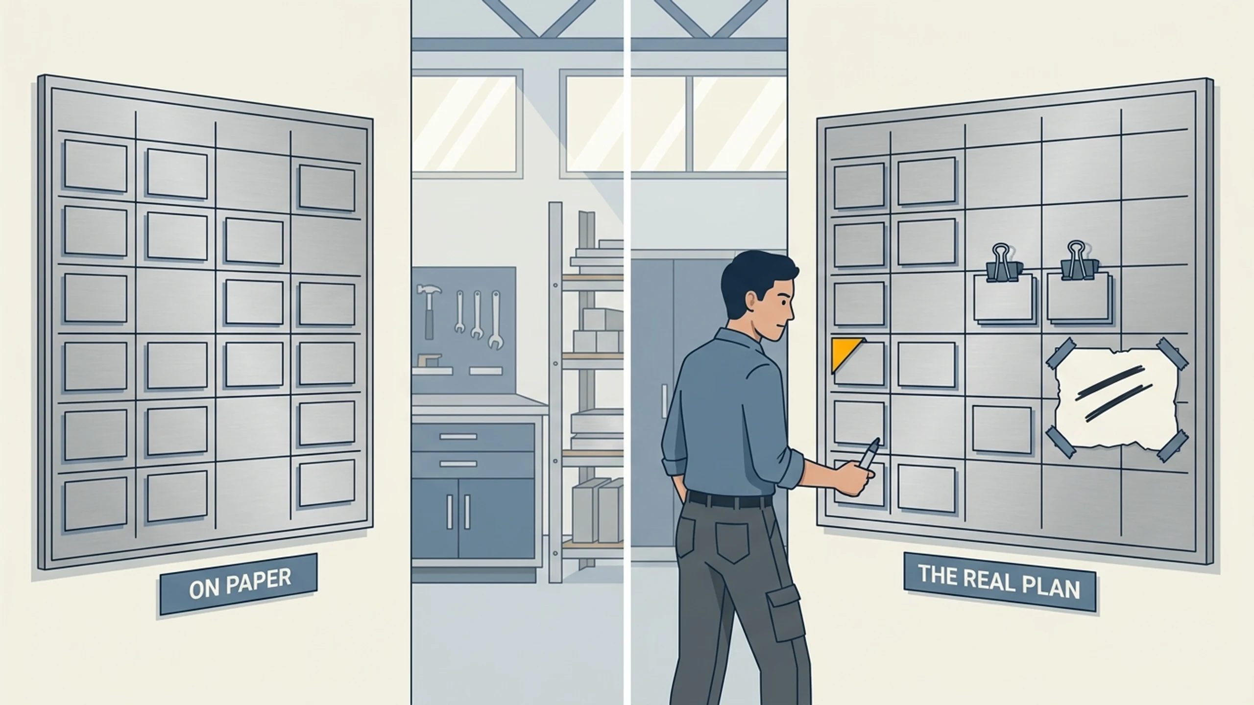 Two schedule boards side by side on a shop wall: the left one a plain grid of job cards, the right one the same grid with two cards clipped together, an amber tag on one card, and a taped note across the last column.