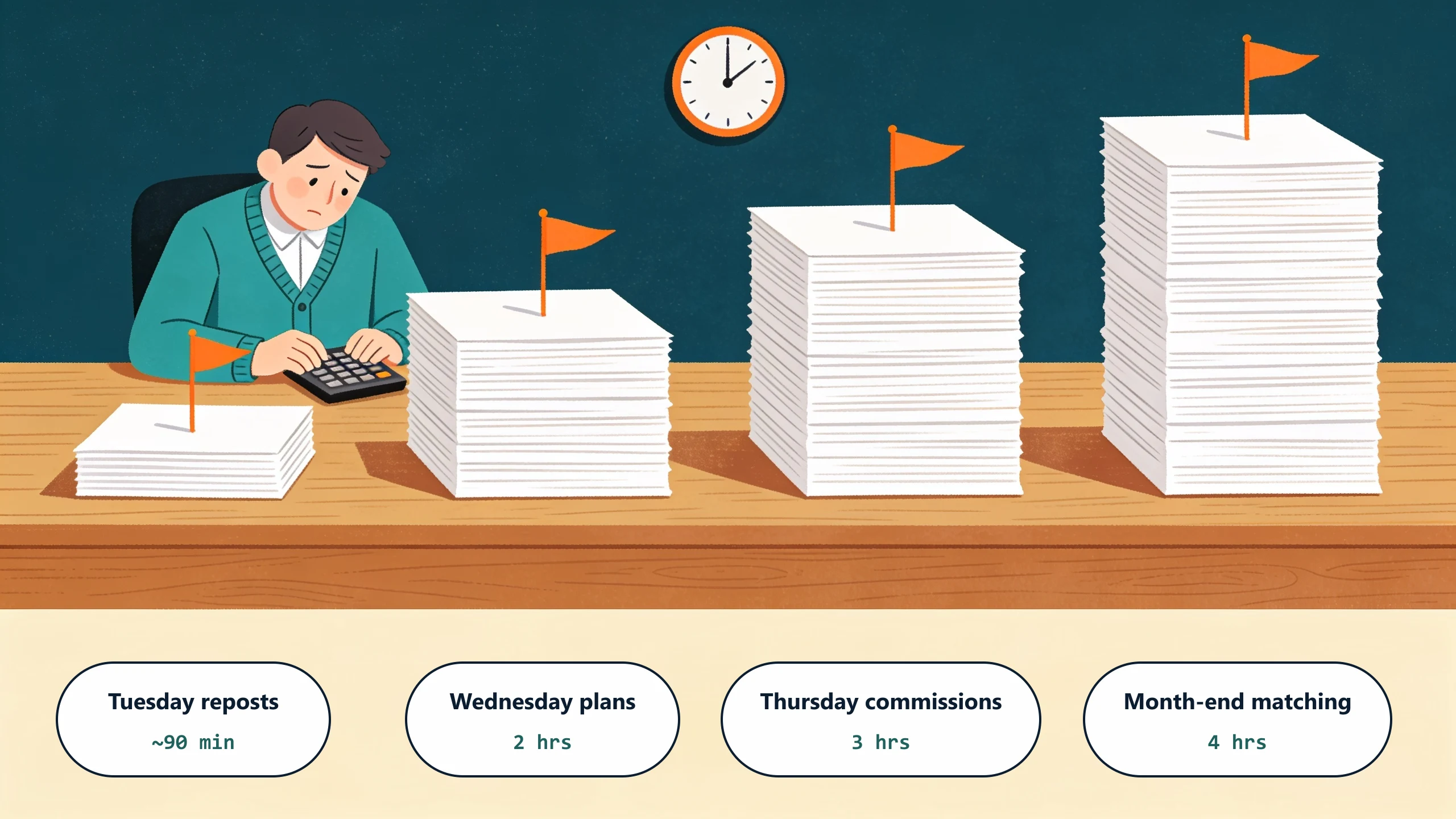 A tired office manager with a calculator faces four paper stacks of increasing height, flagged Tuesday reposts at about 90 minutes, Wednesday plans at 2 hours, Thursday commissions at 3 hours, and month-end matching at 4 hours.