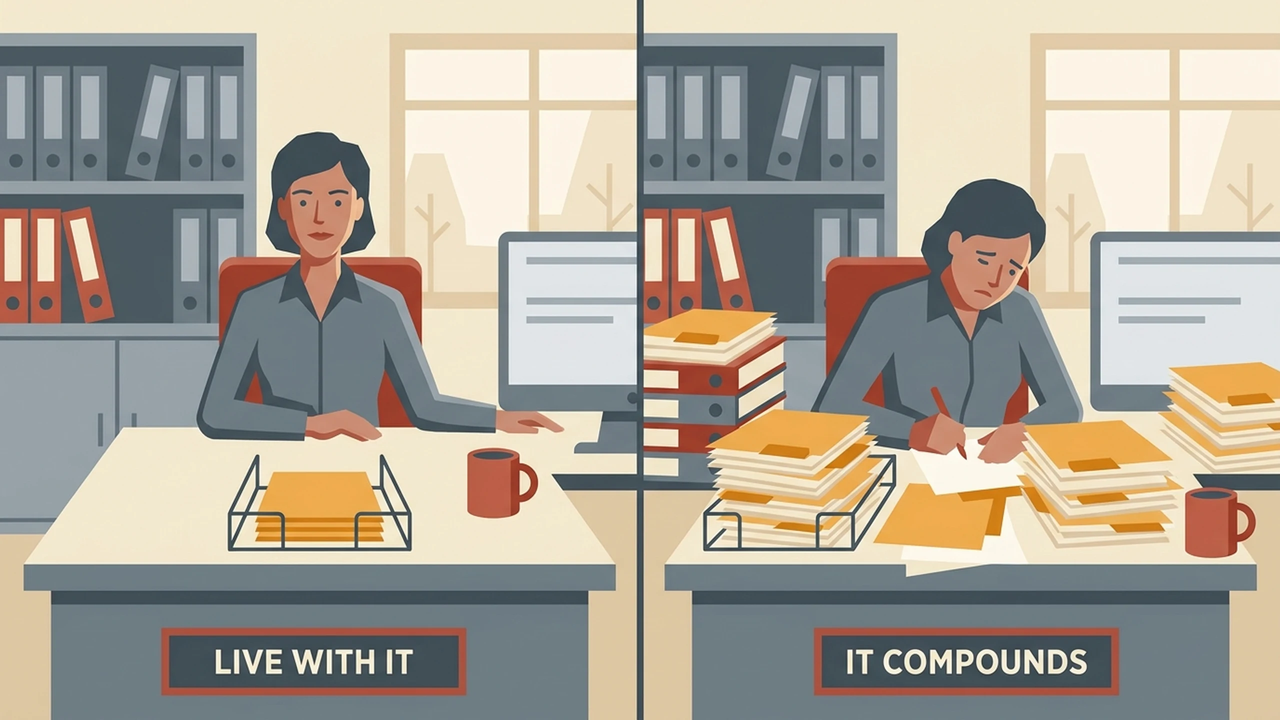 The same office manager's desk twice: on the left one wire tray with a few amber-tabbed sheets and a clear desk, on the right the same tray overflowing with four more heaped stacks crowding every side.