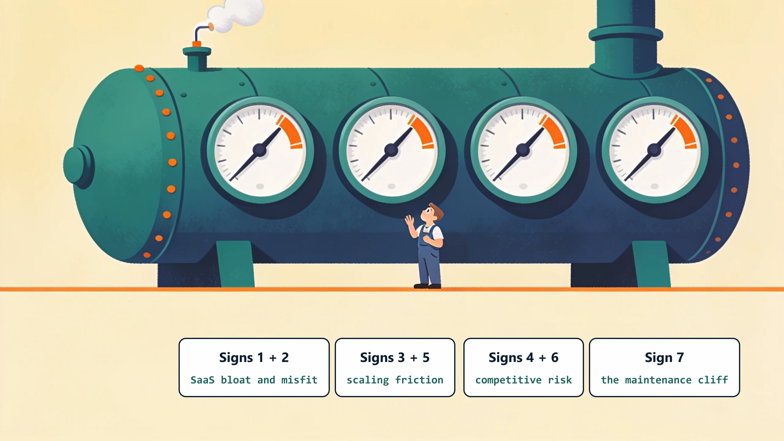 A boiler with four gauges all pushed into the orange zone: signs 1 and 2 are SaaS bloat and misfit, signs 3 and 5 are scaling friction, signs 4 and 6 are competitive risk, and sign 7 is the maintenance cliff.