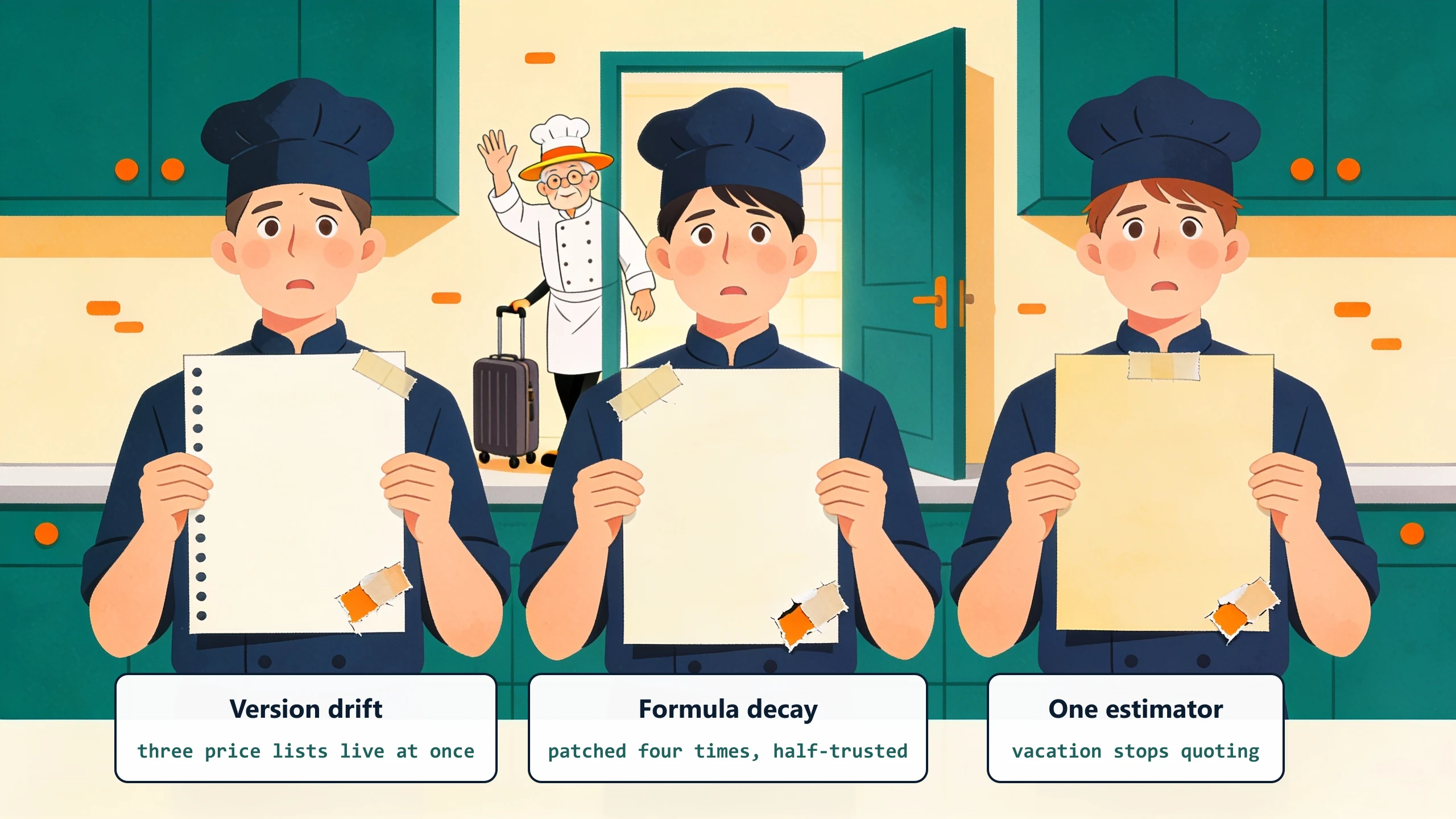 Three cooks hold three slightly different taped-up recipe cards while the head chef leaves with a suitcase: version drift means three price lists live at once, formulas are patched and half-trusted, and one estimator's vacation stops quoting.