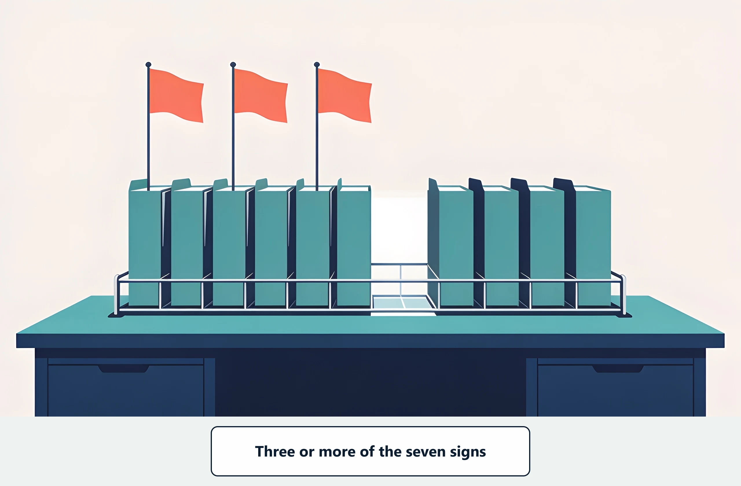 A desktop file rack holding a row of folders: three on the left carry raised coral flags while the rest stand unflagged, captioned three or more of the seven signs.