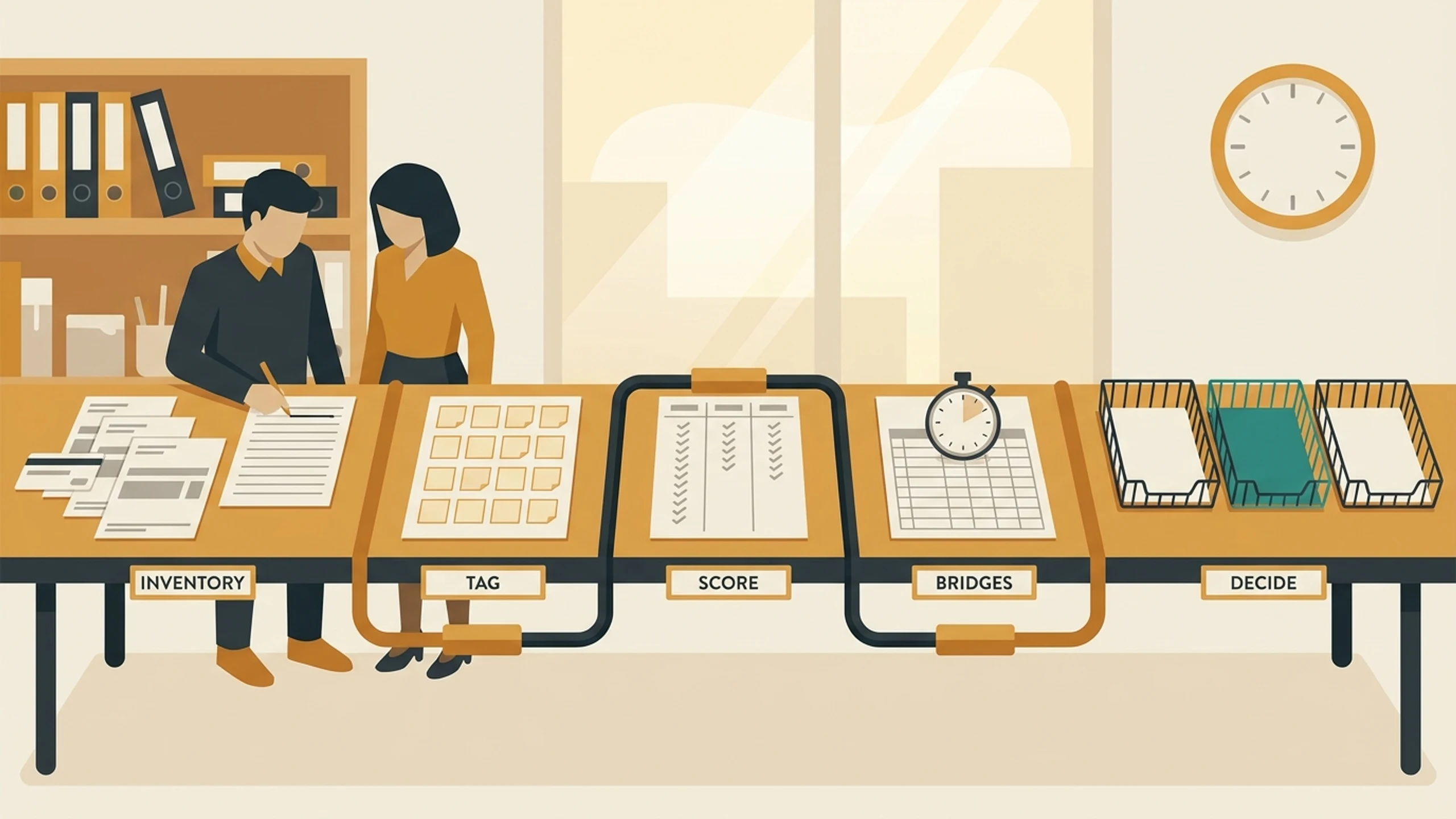 One long table with five labelled stations, inventory to tag to score to bridges to decide, carrying statements and a ruled list, a grid of tags, a three-column score sheet, a stopwatch on a timesheet, and three sorting trays.