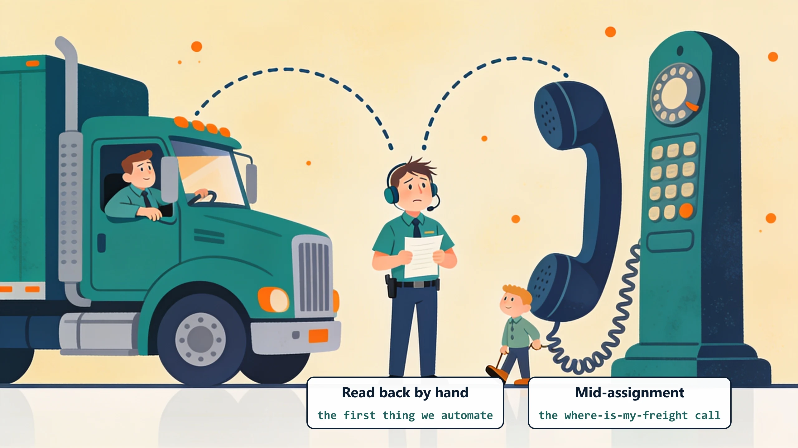 A dispatcher caught between a semi truck and a giant telephone, relaying a paper note by hand: the where-is-my-freight call interrupts mid-assignment, and the read-back-by-hand loop is the first thing worth automating.