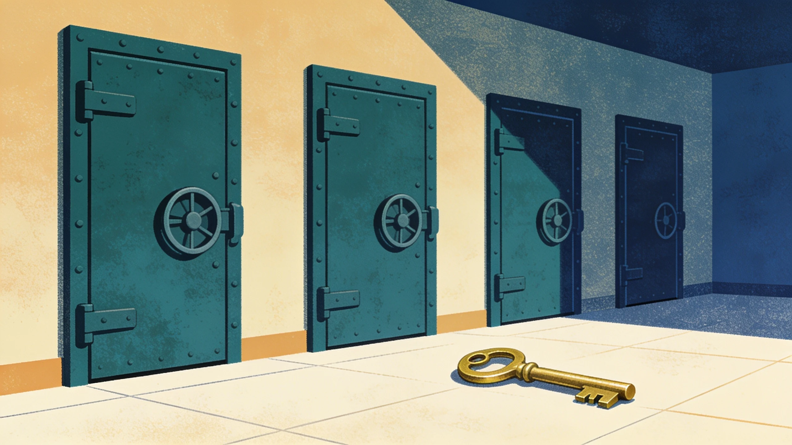 Four closed vault doors in a row with a single oversized key resting on the floor in front of them
