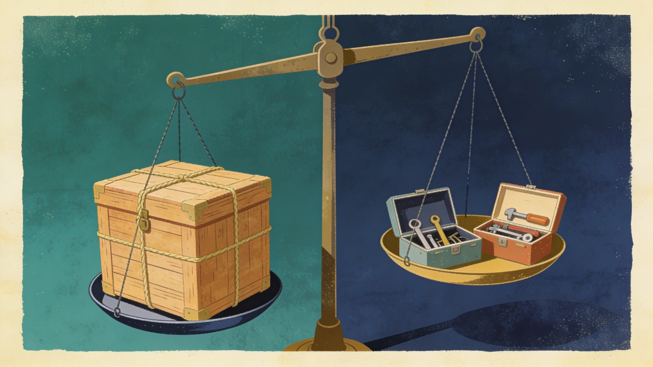 A balance scale with one large sealed crate on the left pan and two small open toolboxes on the right pan
