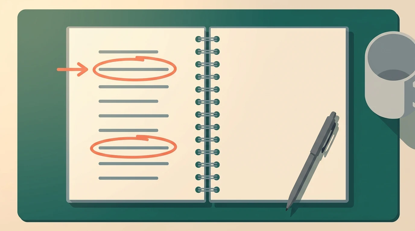 An open notebook seen from above, its left page a list of nine short grey rules with two of them ringed in orange and an arrow in the margin pointing at the higher ring, a pen and a mug alongside