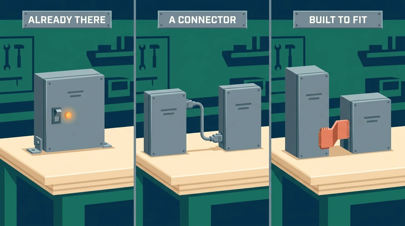 Three panels along one workshop bench, labelled ALREADY THERE, A CONNECTOR and BUILT TO FIT: a mounted control box with its switch flipped on, two identical boxes joined by a stock cable, and two mismatched boxes joined by a shop-welded bracket