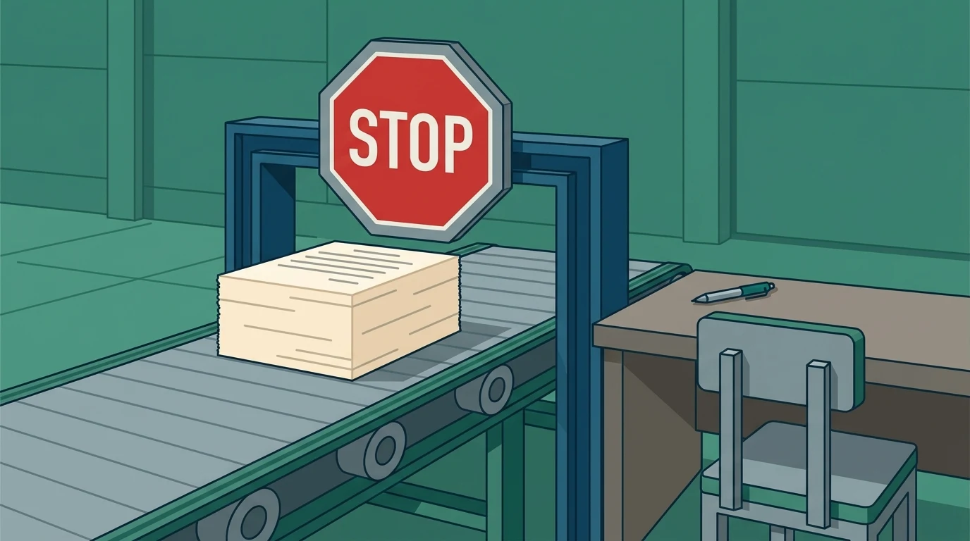 A conveyor belt running up to a red octagonal STOP sign, carrying one neatly squared stack of ruled sheets, with a plain desk, a pen and an empty chair waiting just beyond the sign