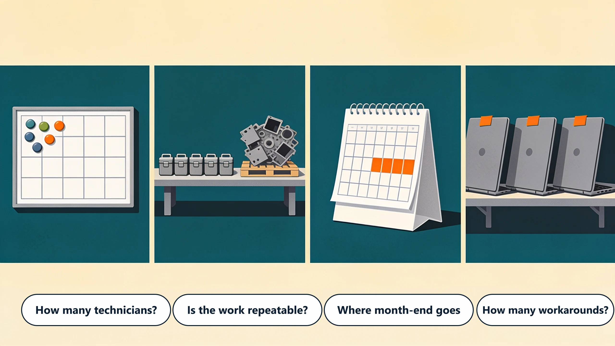 Four panels: a whiteboard ruled into an empty grid with a cluster of magnets, a bench holding five identical service cases beside one irregular assembly on a pallet, a desk calendar with the end of the month blocked out, and three closed laptops standing in a row with tabs on their lids