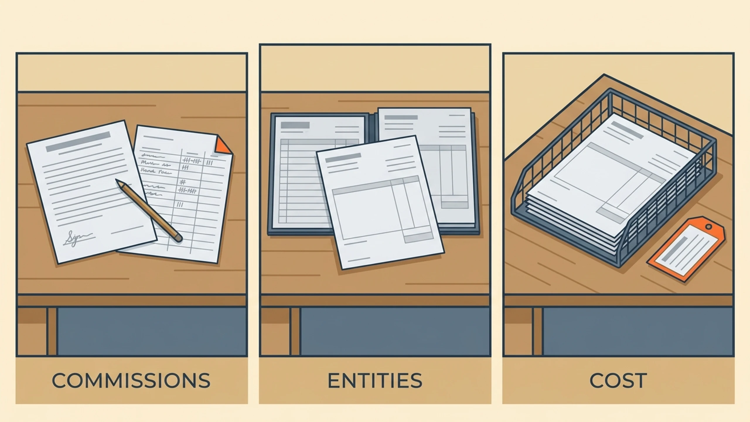 Three panels of one trade office desk: a signed service-plan agreement beside a hand-tallied sheet, one work order lying split across two separate invoice books, and a parts tag left on the desk outside the filing tray of invoices.