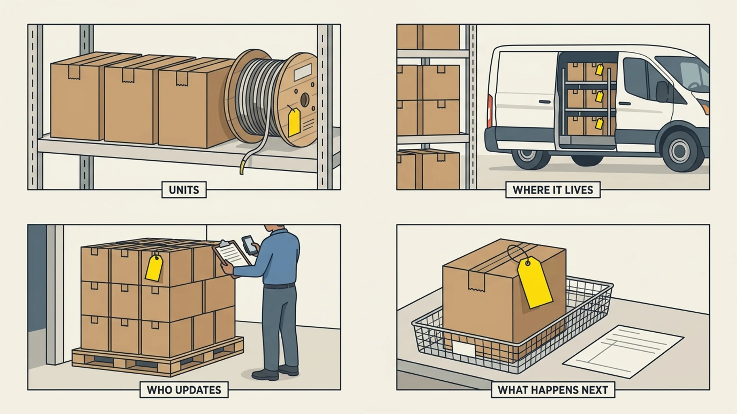 Four panels of one stockroom: sealed cartons beside a part-used cable coil, a shelf bay next to a loaded service van, a person recording a pallet with a clipboard and a phone, and a picked carton carrying a reserve tag beside a job card.