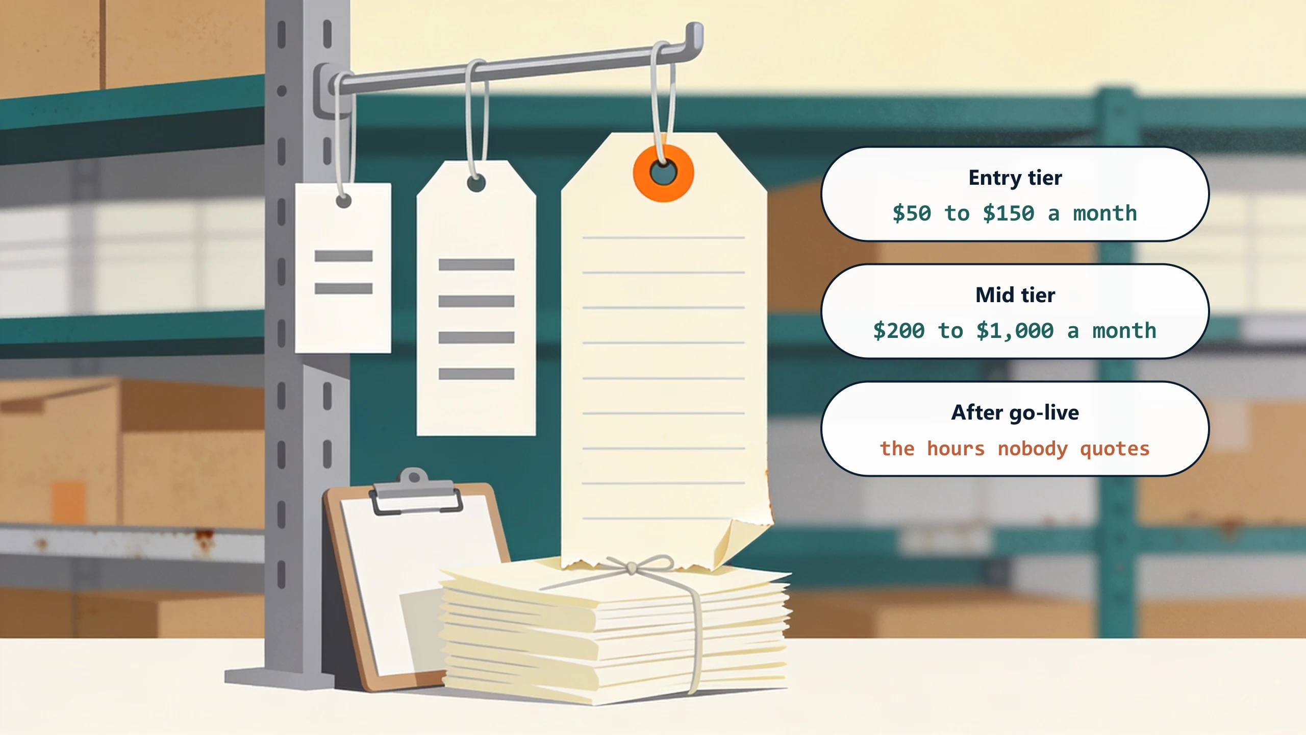 Three paper tags hanging from a stockroom upright at increasing sizes, the two smaller ones crisp and ruled, the largest dog-eared and tied to a thick bundle of sheets resting against a clipboard