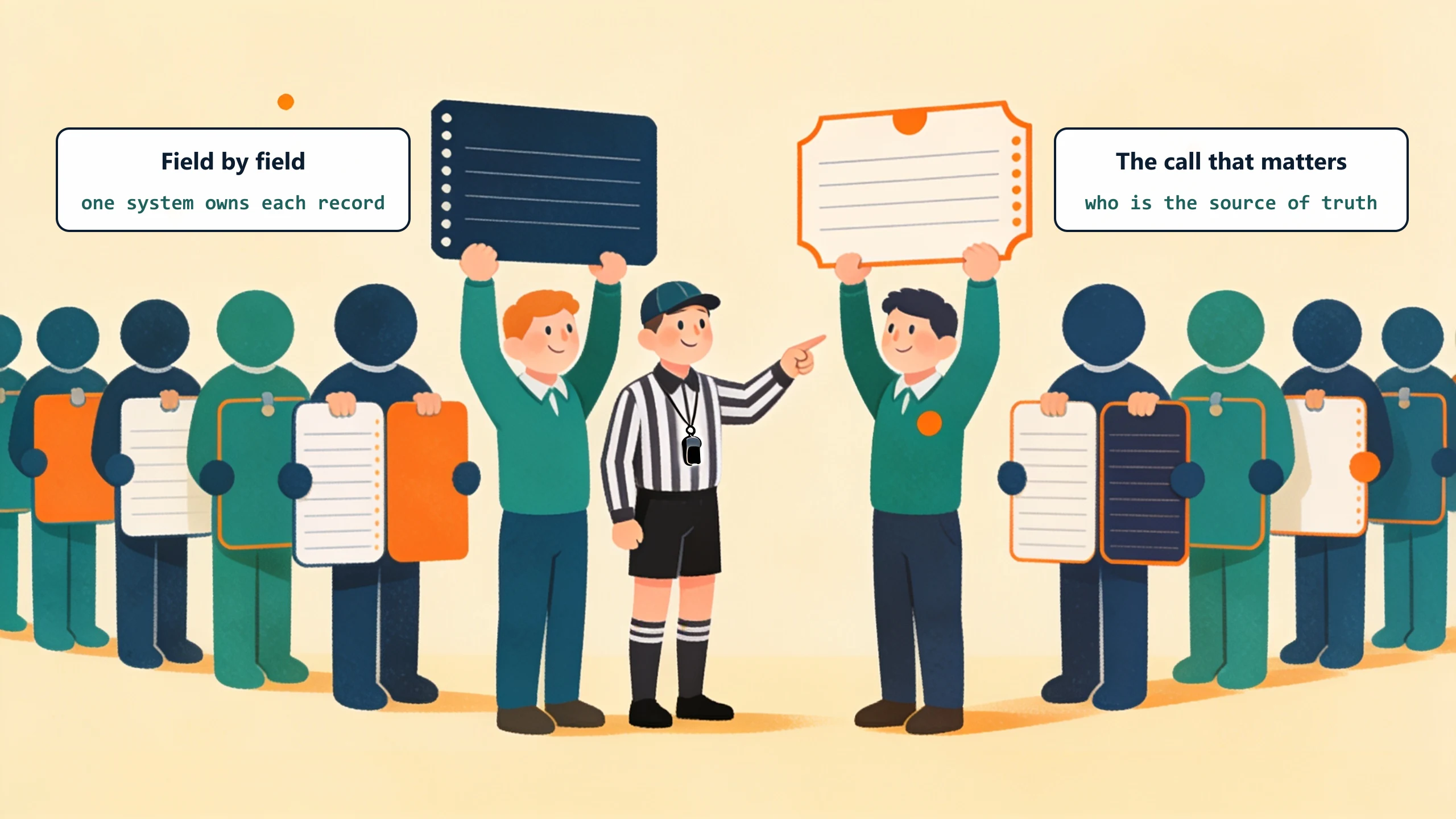 A referee points at one of two mismatched record cards held up by two captains while a line of paired figures waits behind: field by field, one system owns each record, and the call that matters is who is the source of truth.